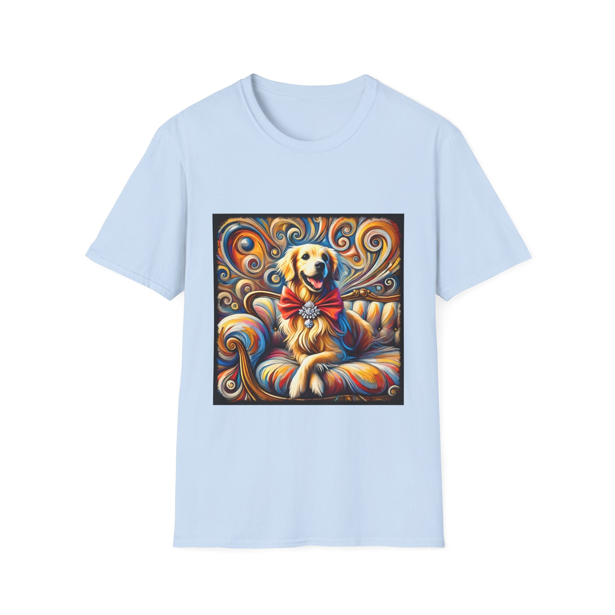 Light blue dog t-shirt featuring golden retriever with red bow on colorful swirl settee background.