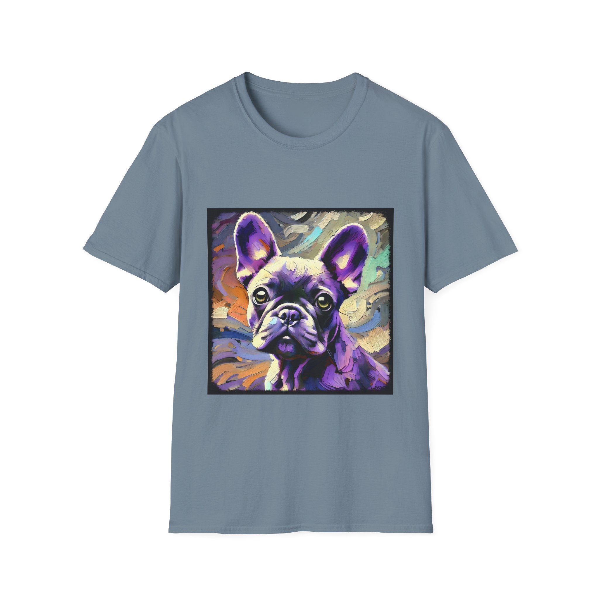 Stone blue dog t-shirt featuring a lavender purple French Bulldog with swirling brushstrokes of teal, orange, and cream.