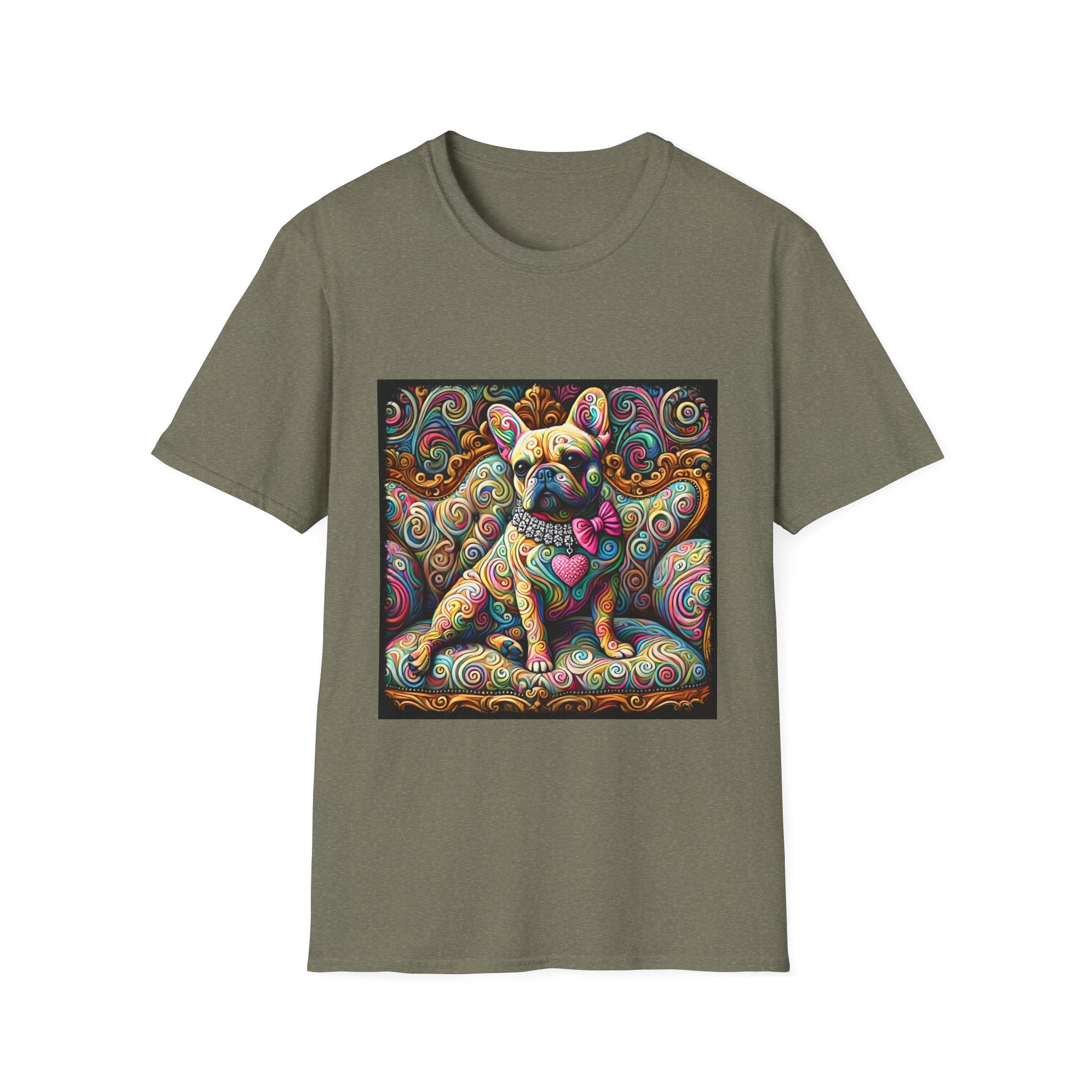 Heather military green dog t-shirt featuring a tan French Bulldog with pink bow and heart on a vivid rainbow swirl couch.