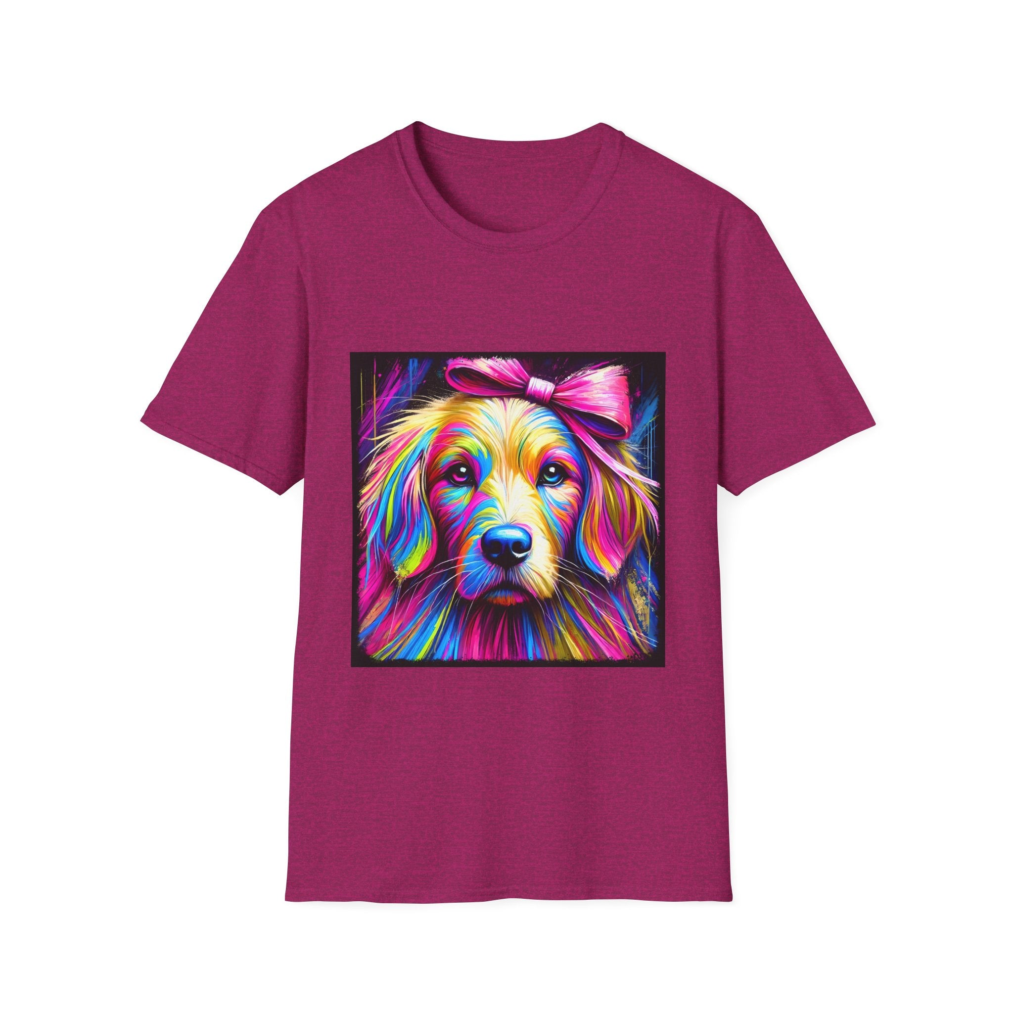 Heather berry dog t-shirt featuring neon-colored golden retriever with pink bow on vibrant electric abstract backdrop.