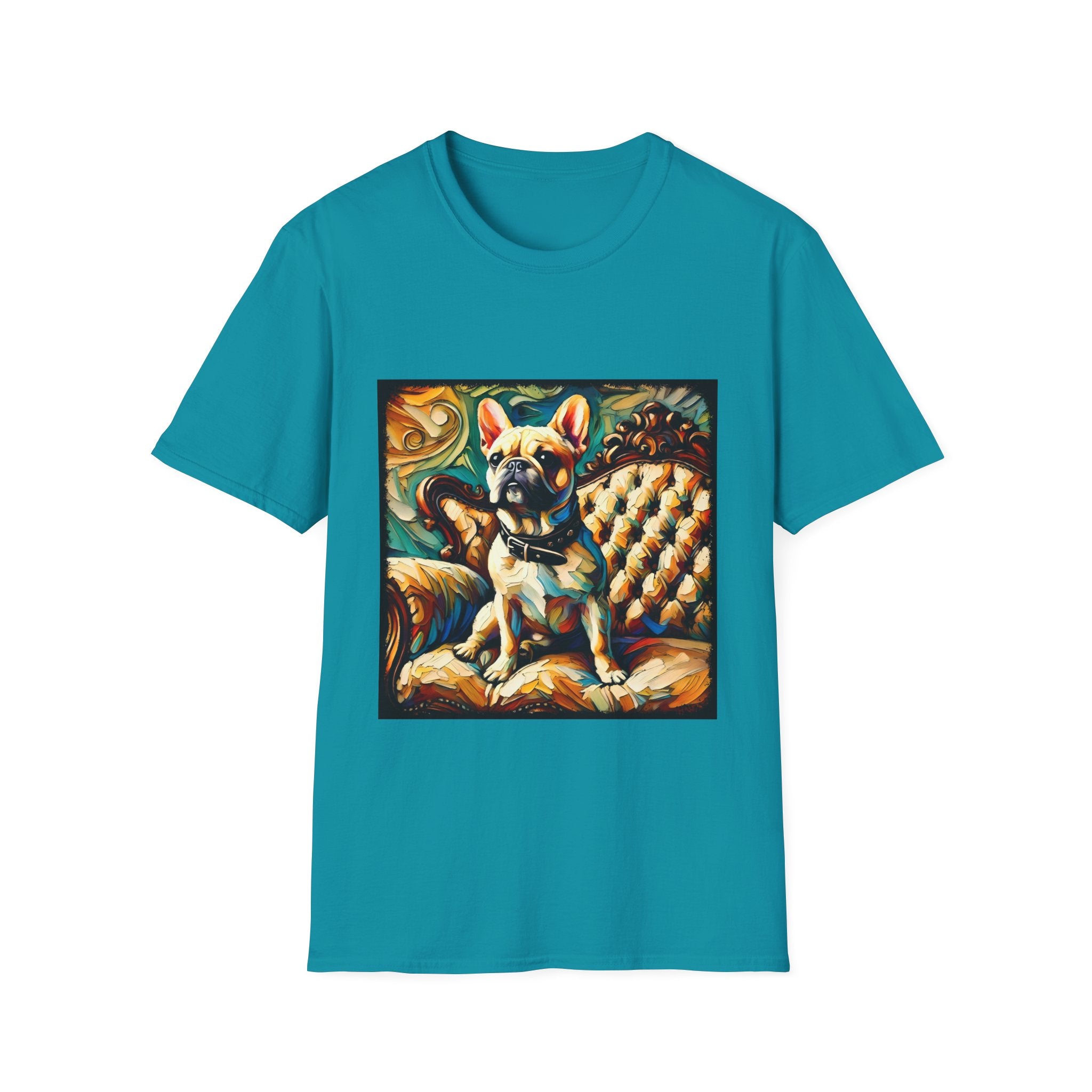 Tropical Blue dog t-shirt featuring fawn French Bulldog with collar on golden tufted settee and bold swirl backdrop.