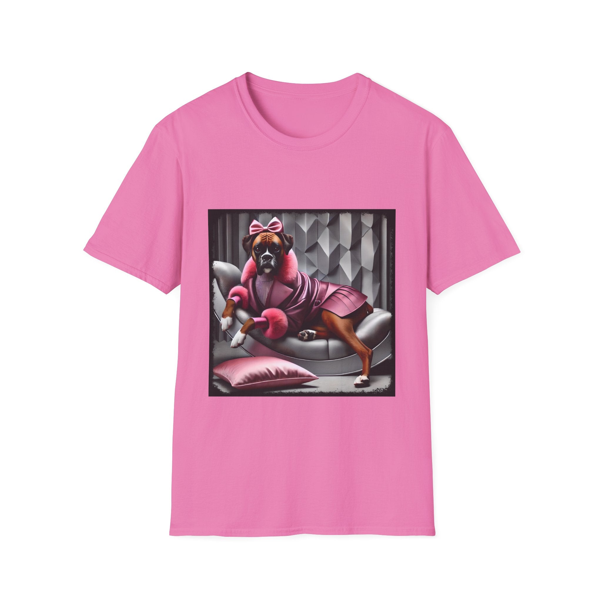 Pink dog t-shirt featuring boxer in pink bow and pleated pink coat lounging on silver settee.