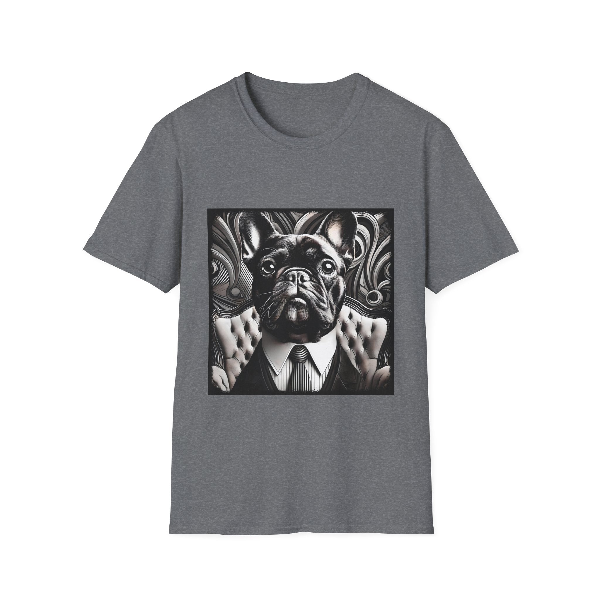 Graphite heather dog t-shirt featuring black French Bulldog in suit with swirl background, monochrome style.