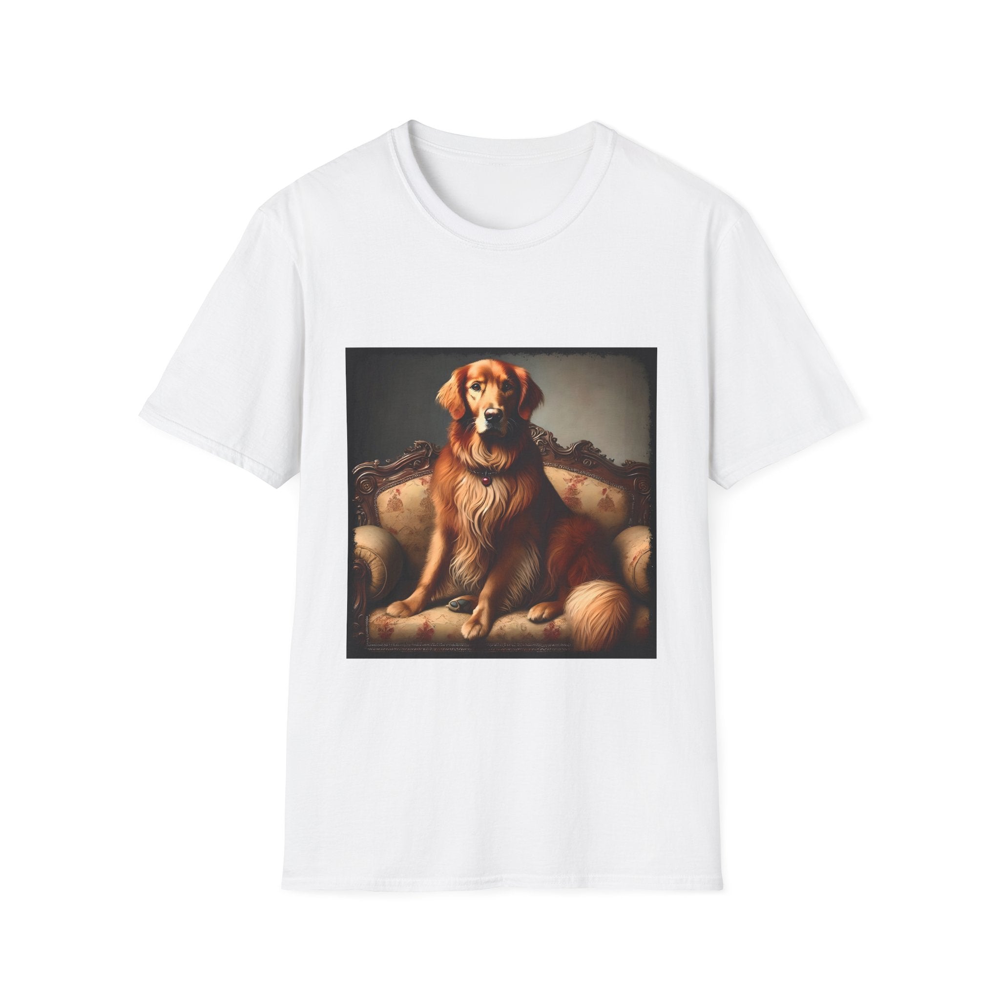 White dog t-shirt featuring golden retriever on ornate settee with long fur and classic red tones.