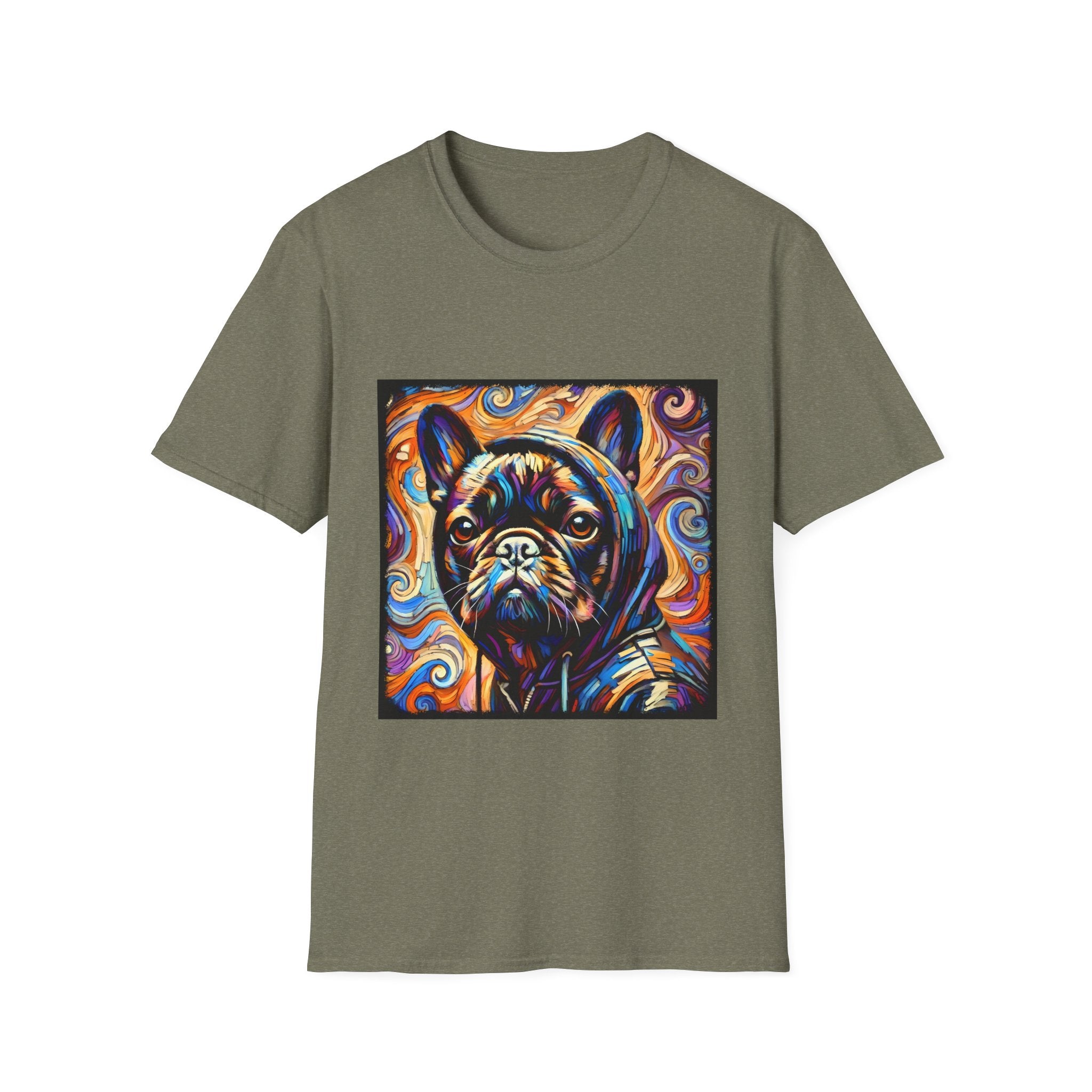 Dog t-shirt in heather military green featuring colorful French Bulldog in hoodie, set against vivid swirl-patterned background.