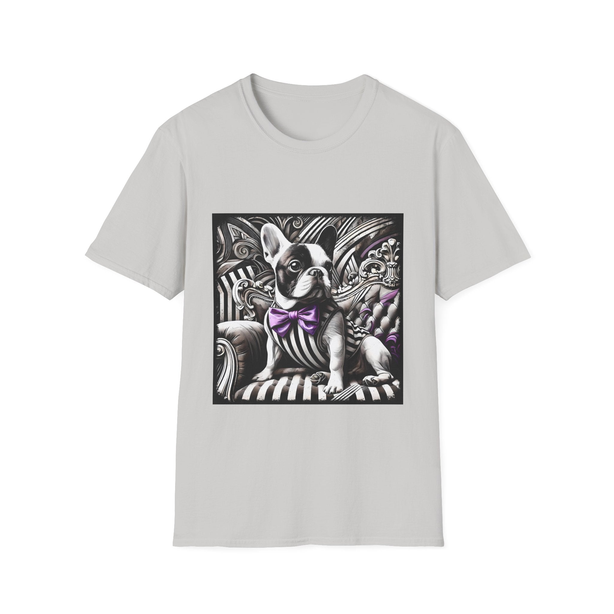 Ice gray dog t-shirt with French Bulldog in striped suit, purple bowtie, and ornate black swirl backdrop.