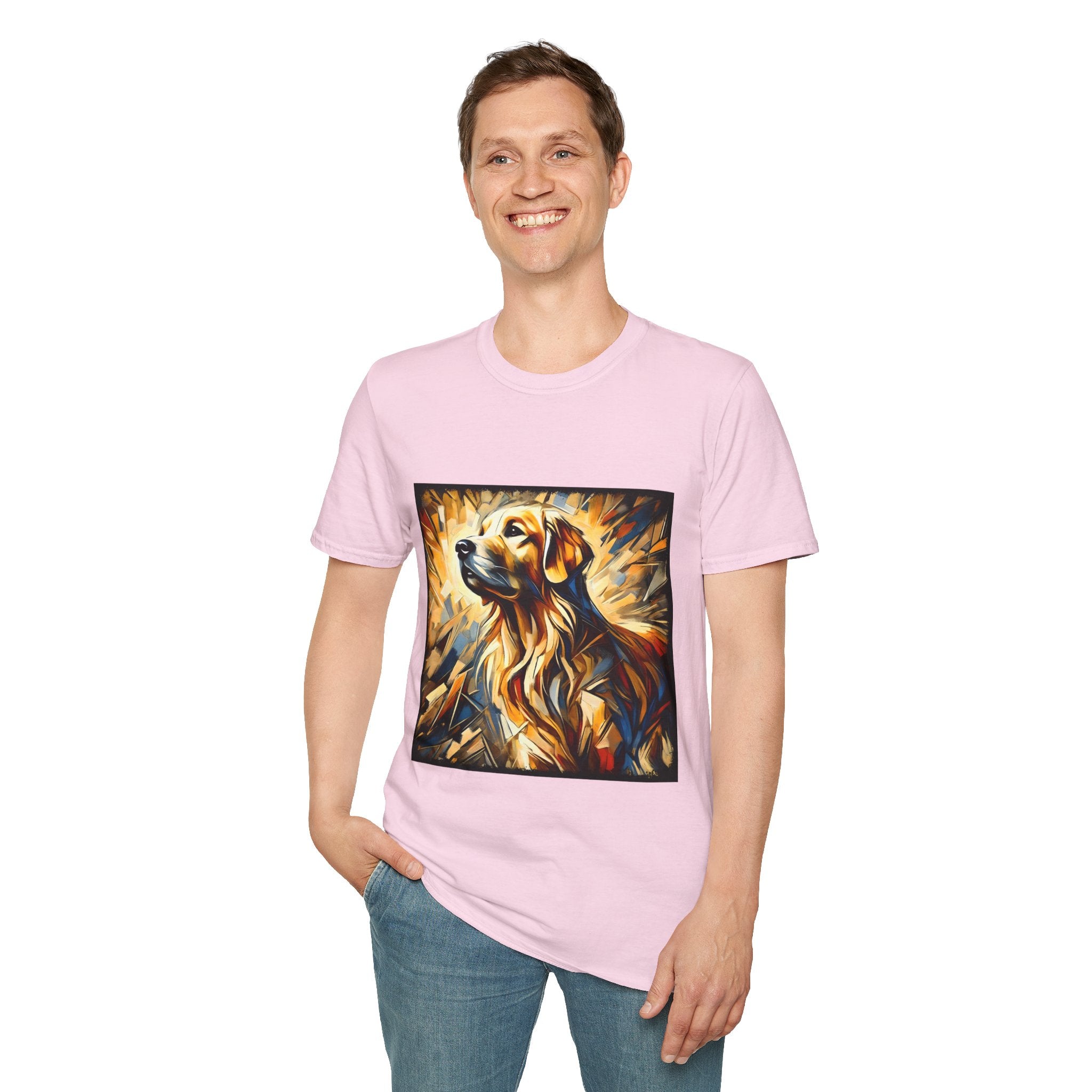Male model in light pink dog t-shirt featuring golden retriever portrait with fiery gold, blue, and amber abstract swirls.