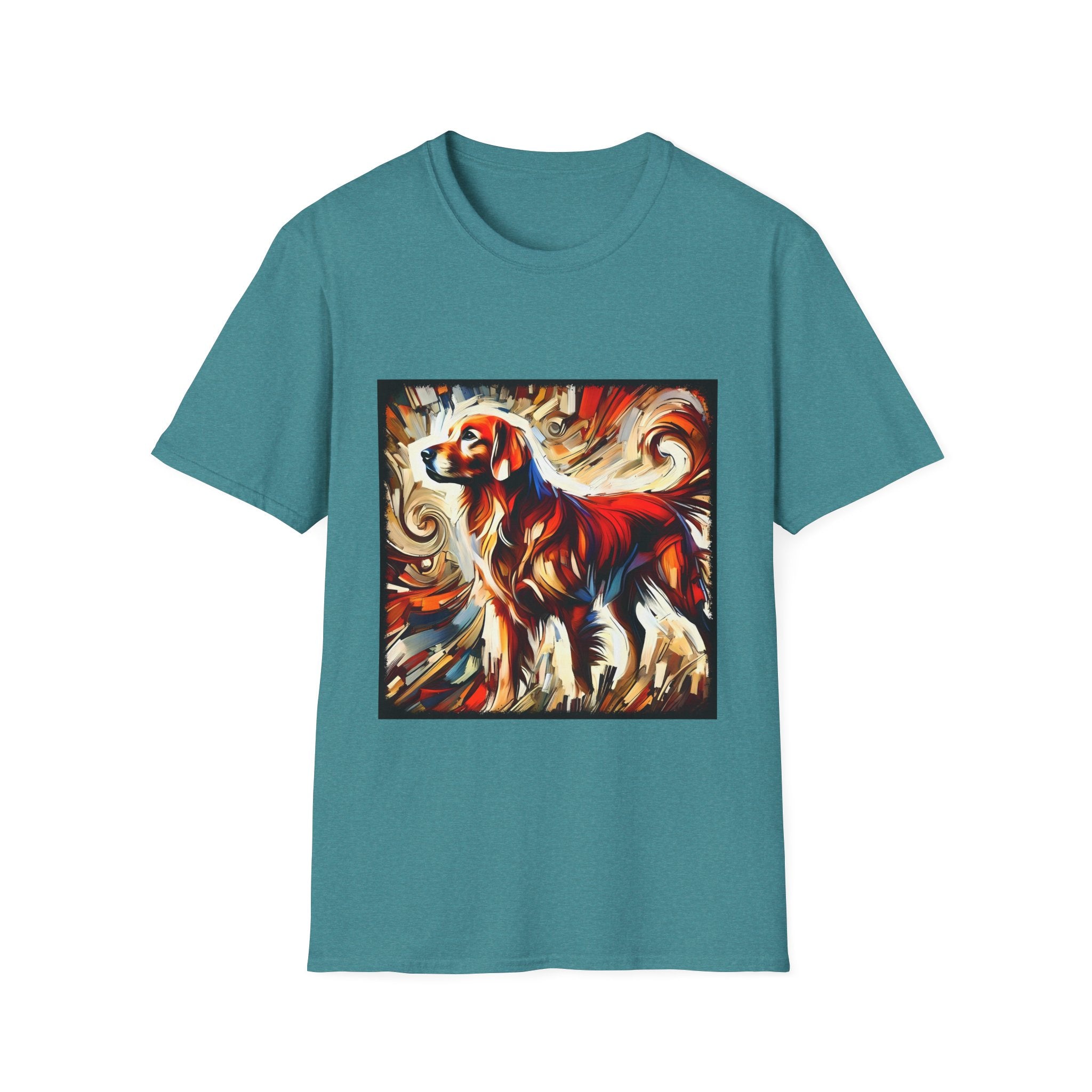 Teal dog t-shirt with golden retriever in red coat, abstract swirl background in bold warm tones.