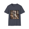 Heather navy dog t-shirt featuring white French Bulldog wearing jeweled necklace, seated on tufted settee in elegant palace setting.