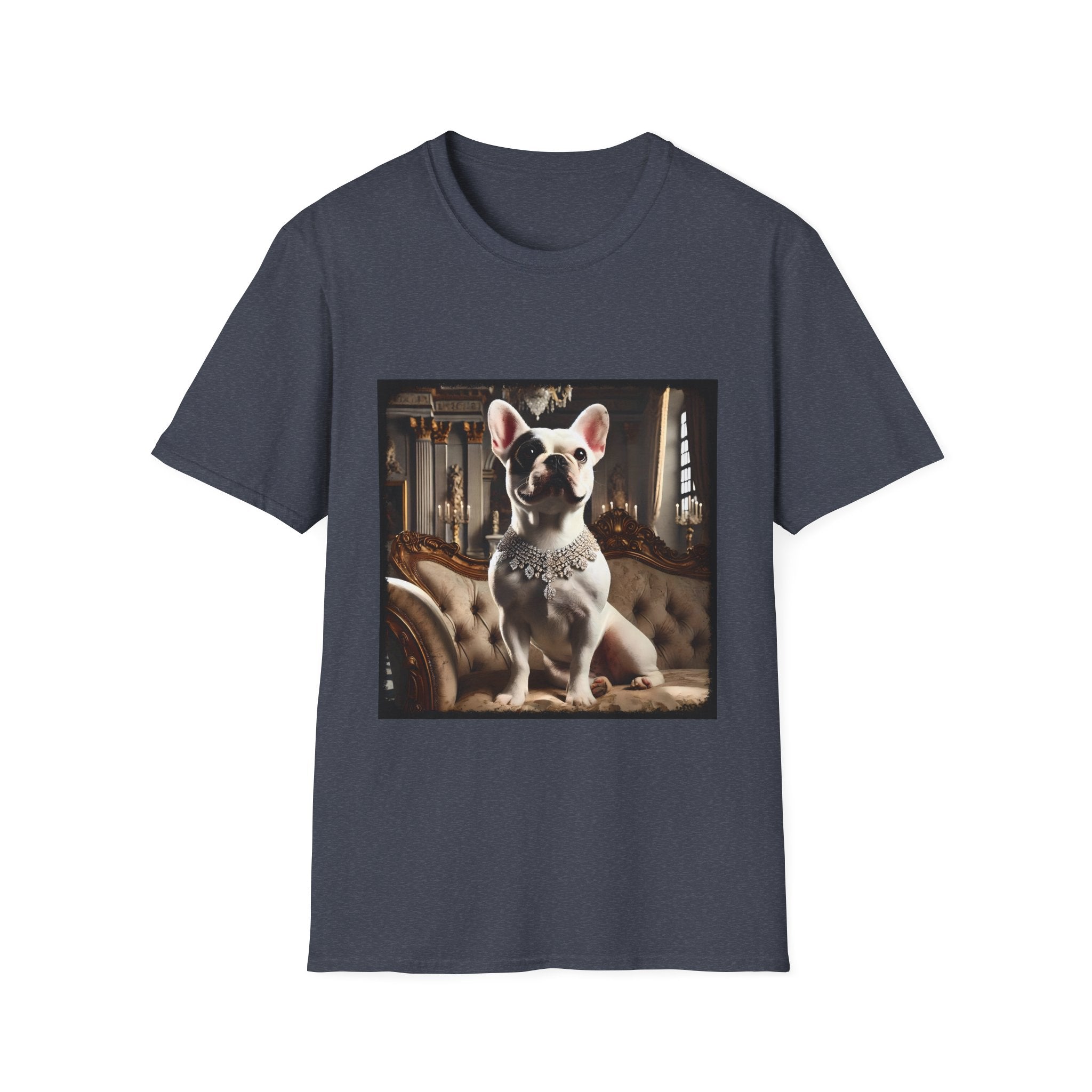Heather navy dog t-shirt featuring white French Bulldog wearing jeweled necklace, seated on tufted settee in elegant palace setting.