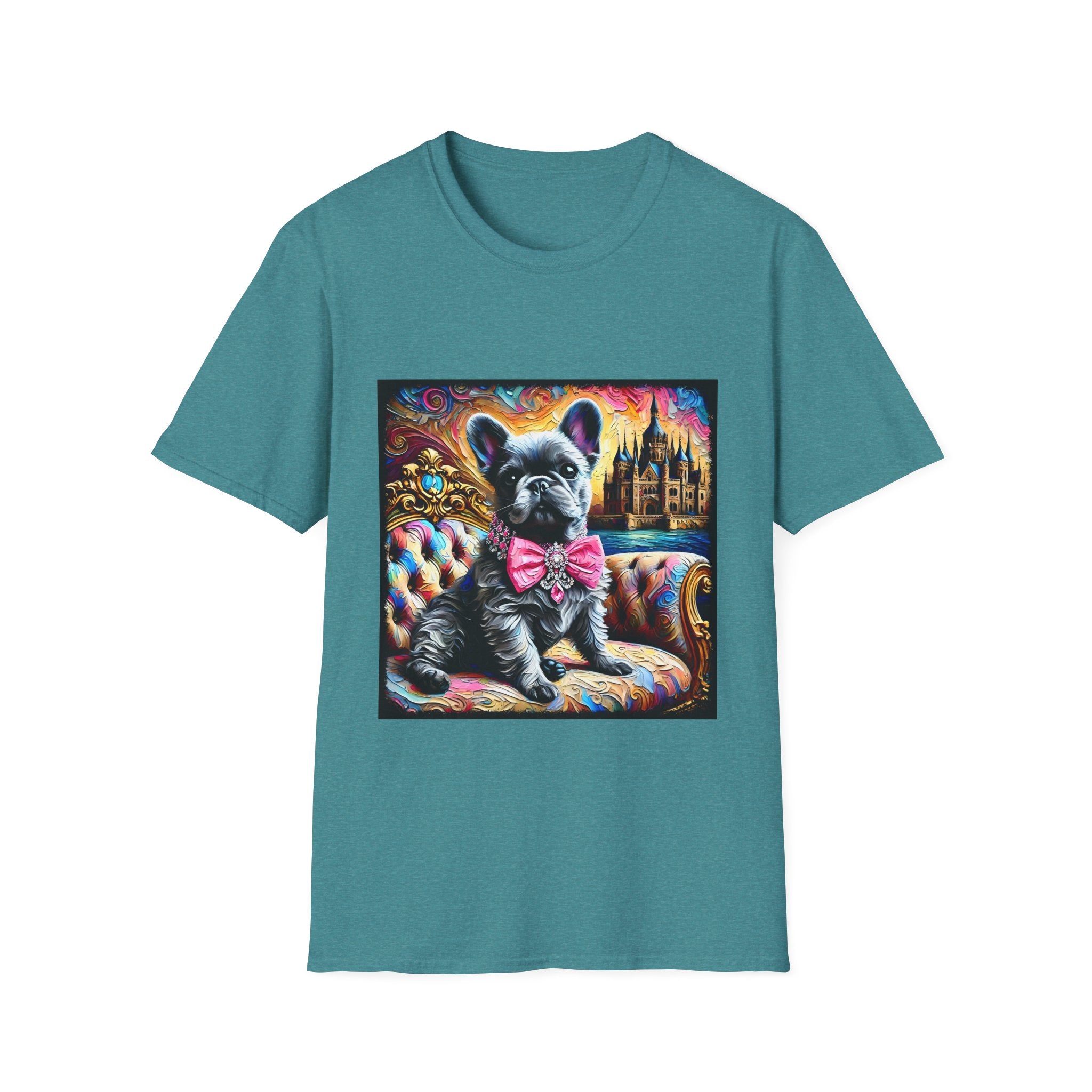 Teal dog t-shirt featuring a black French Bulldog in pink bow on ornate settee, with vivid castle and swirl background.