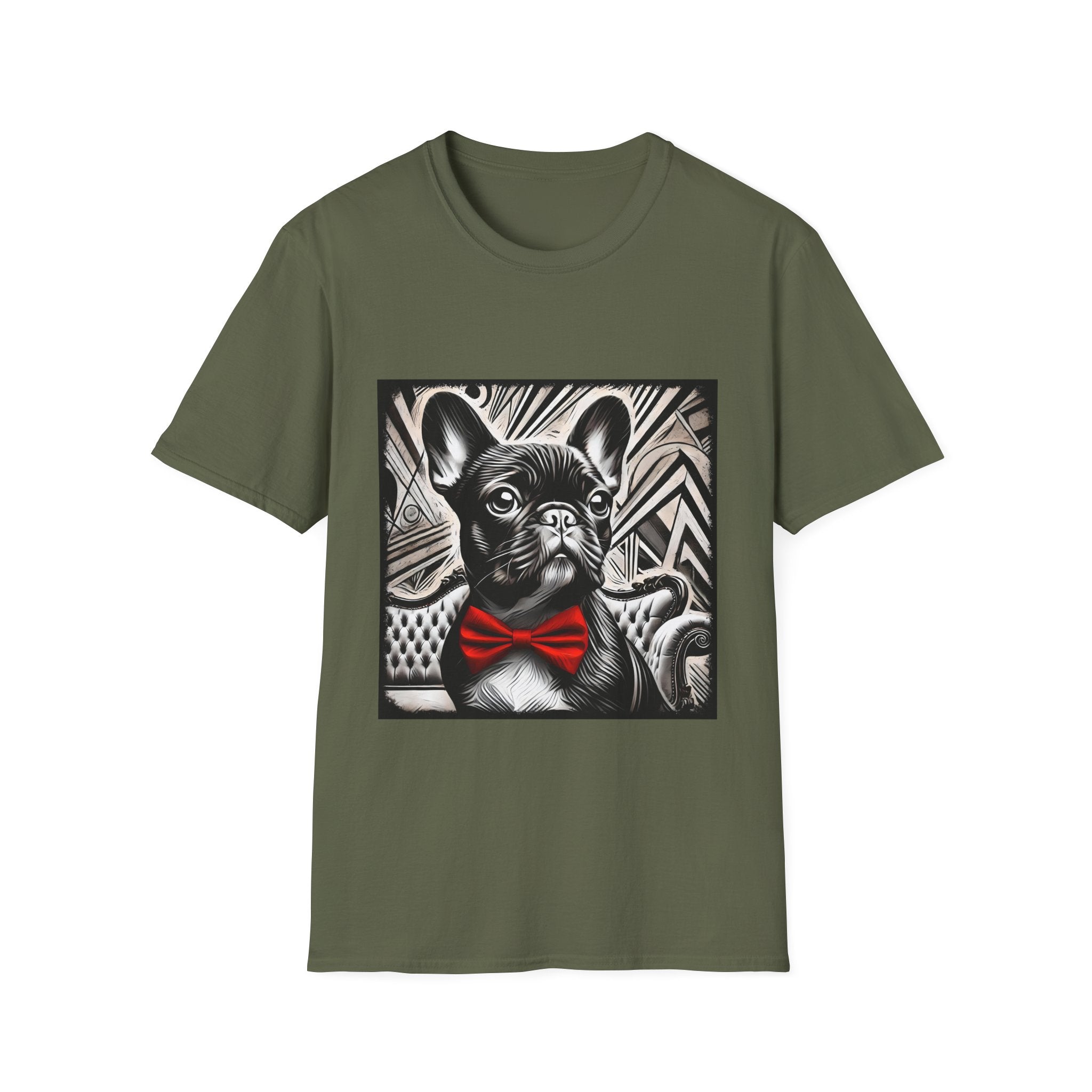 Military green dog t-shirt featuring a black and white French Bulldog with a bold red bow tie and art deco backdrop.