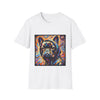 Dog t-shirt in white featuring colorful French Bulldog in hoodie, set against vivid swirl-patterned background.