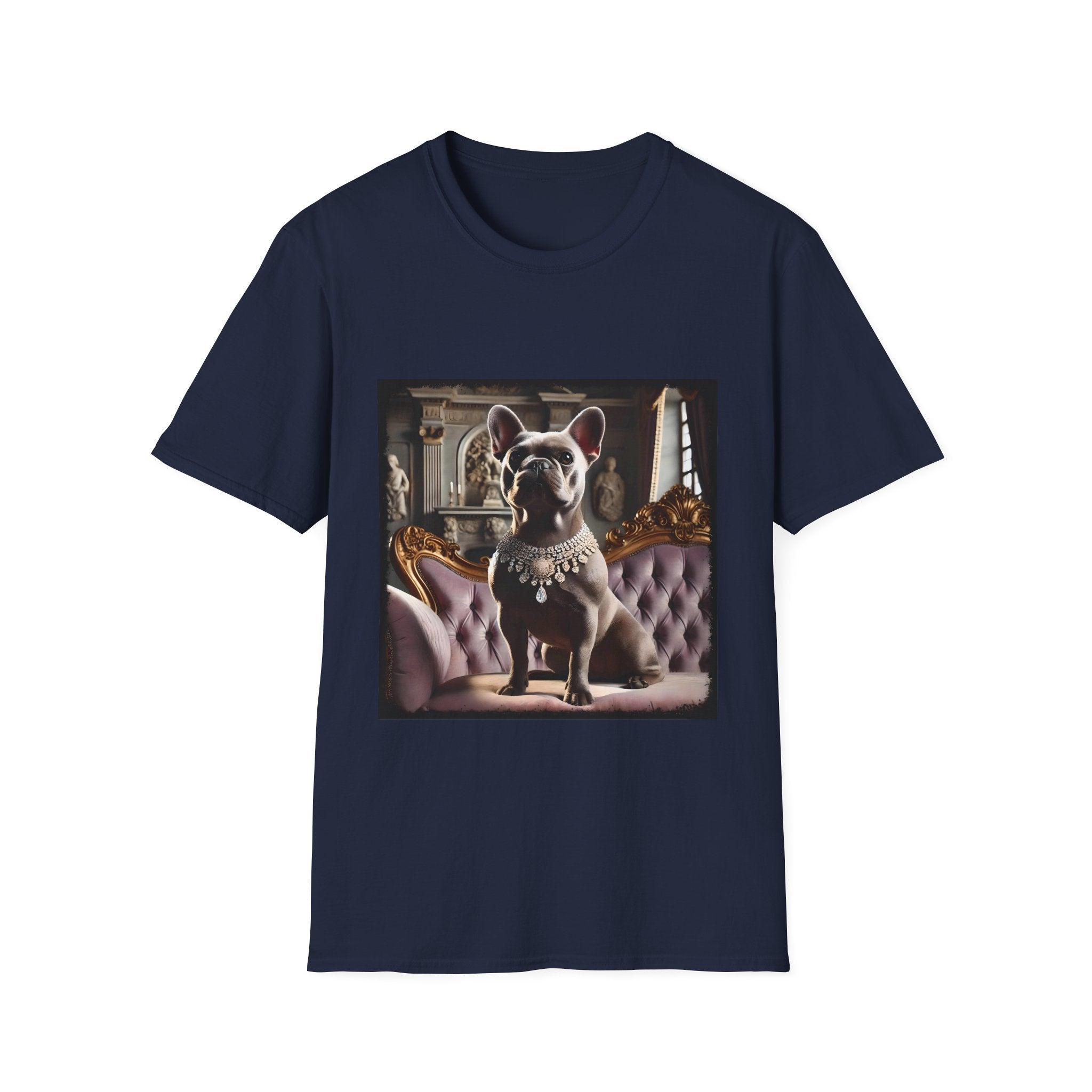 Navy blue dog t-shirt featuring gray French Bulldog in jeweled necklace on tufted settee with grand palace-style background.