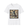 White dog t-shirt featuring black and tan French Bulldog on ornate settee with swirl pattern background.