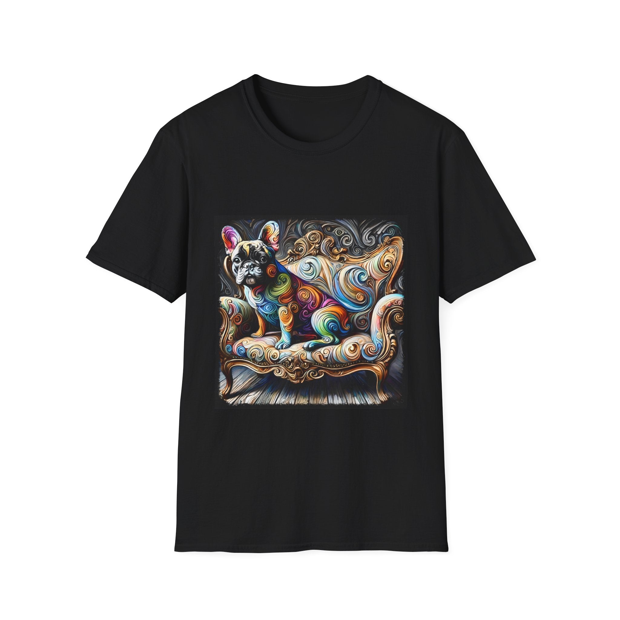 Black t-shirt featuring rainbow French Bulldog on golden settee with swirl pattern, expressionism style.