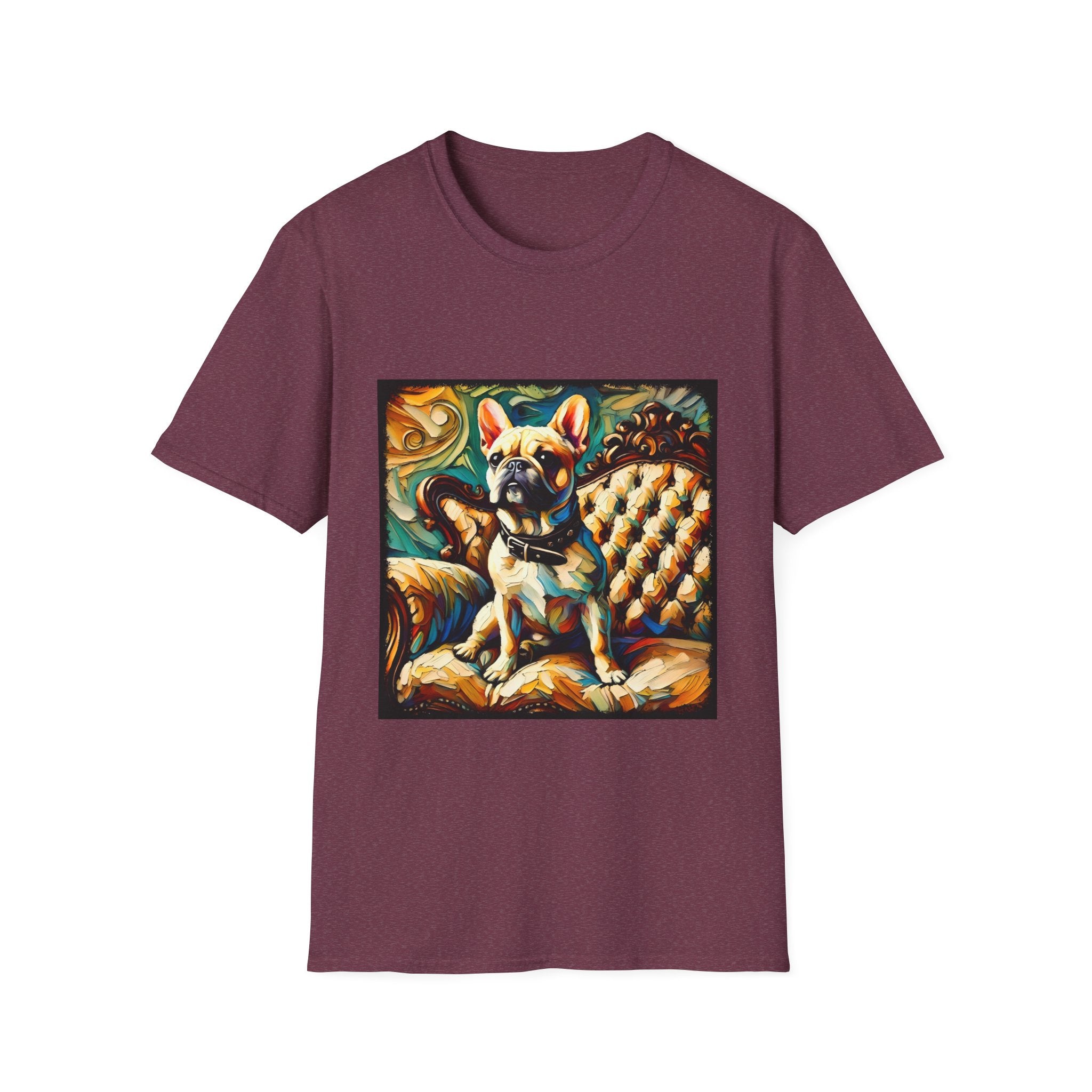 Heather maroon dog t-shirt featuring fawn French Bulldog with collar on golden tufted settee and bold swirl backdrop.