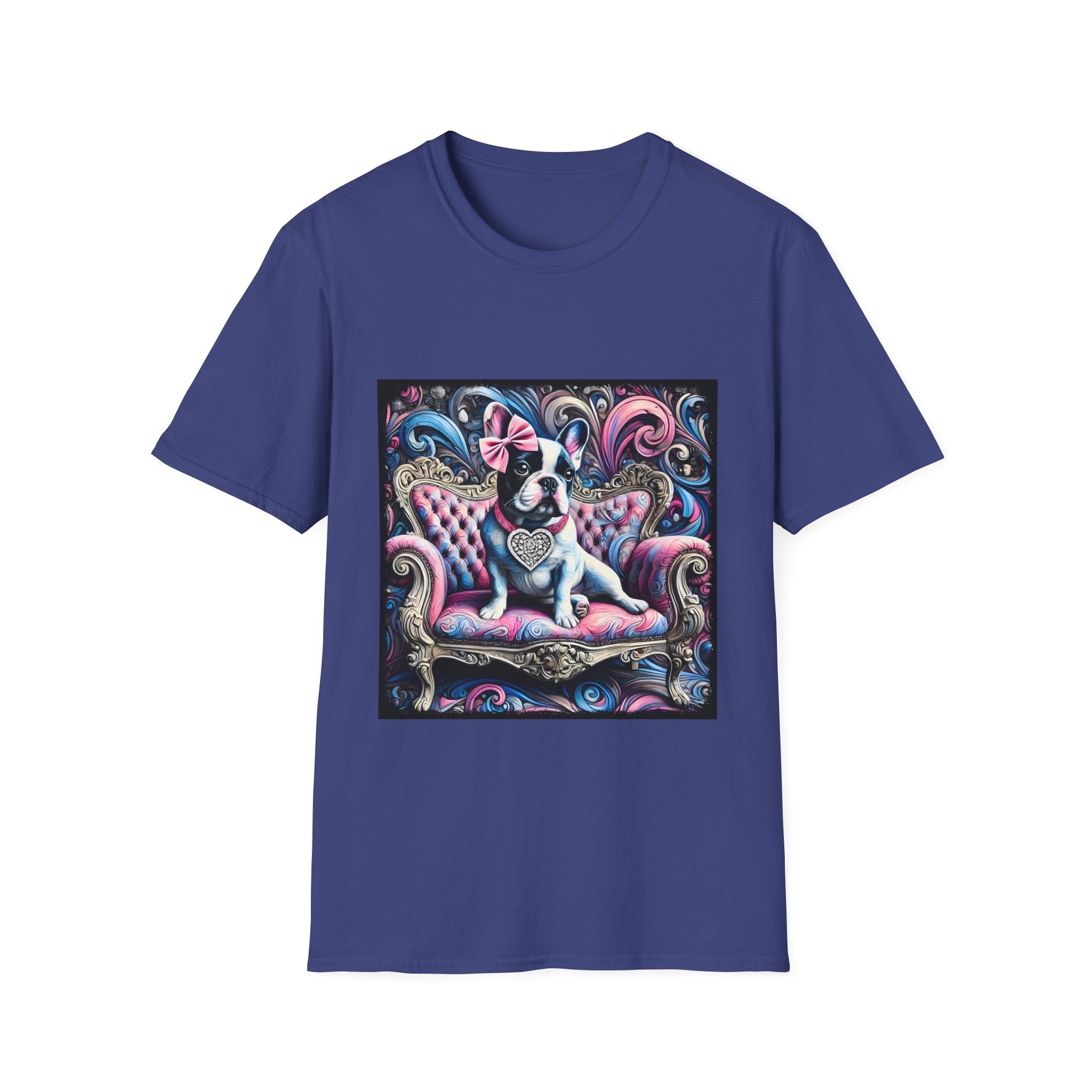 Royal blue dog t-shirt featuring a black and white French Bulldog with a pink bow, seated on a tufted pink and gold settee against a swirling blue, pink, and purple expressionist-style background.