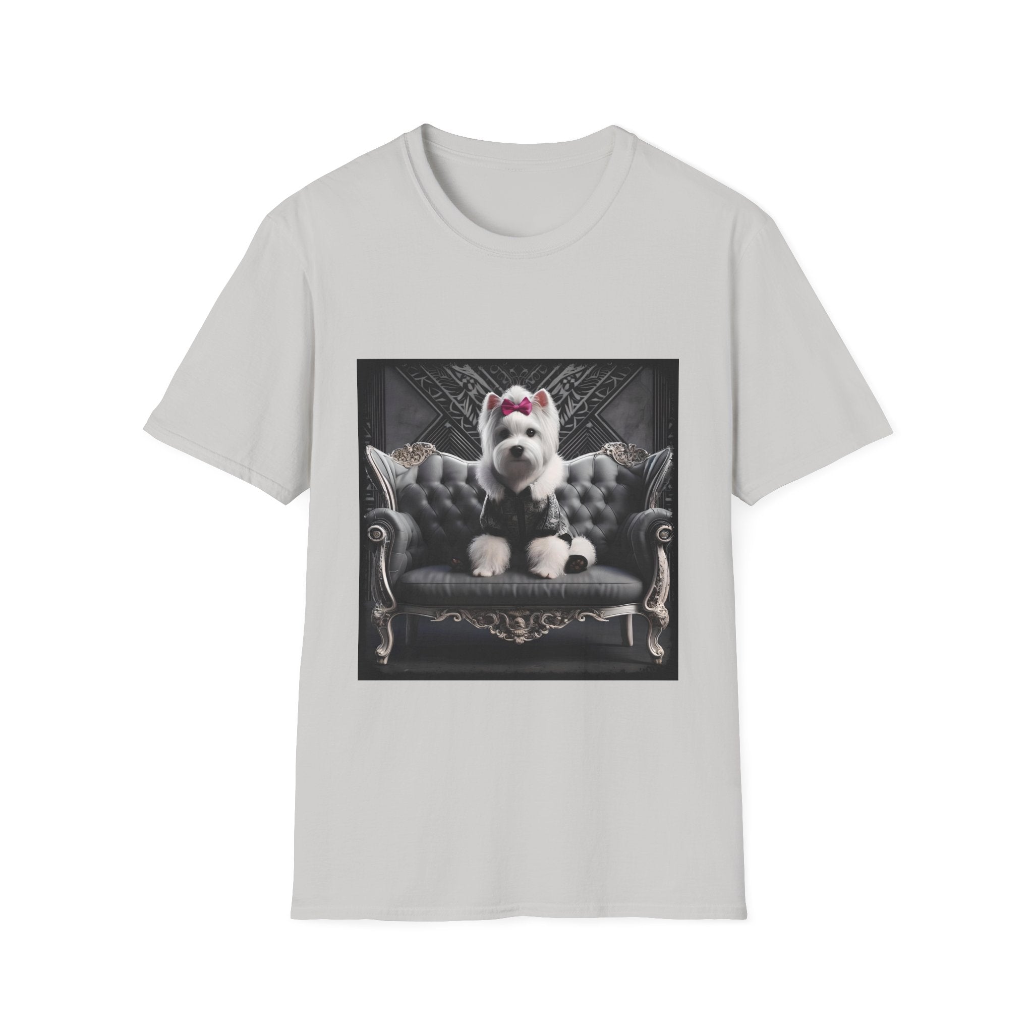 Ice gray dog t-shirt featuring Westie in black outfit with pink bow seated on ornate gothic black couch.