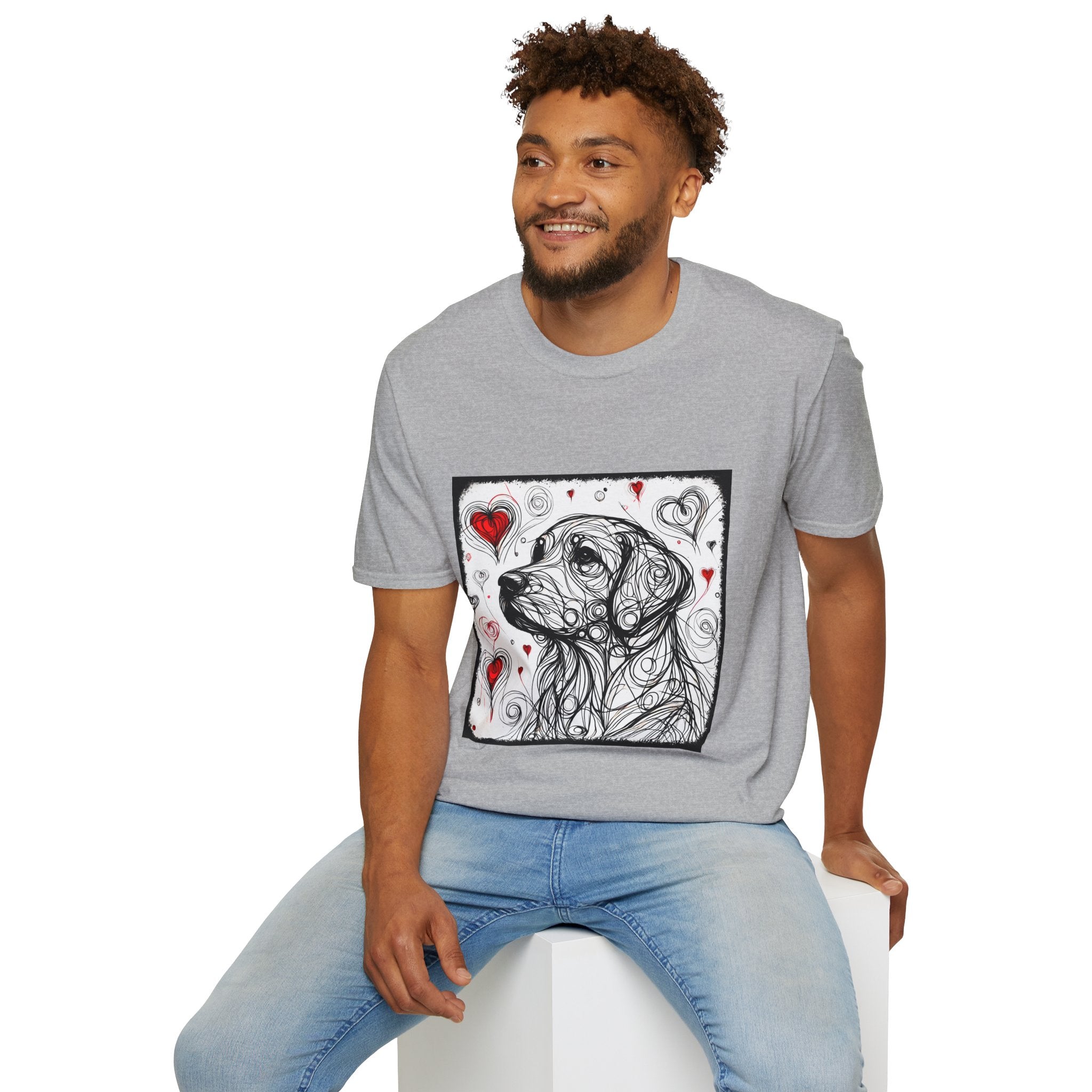 Male model in sport gray dog t-shirt with golden retriever line art and red hearts on white background with swirling abstract pattern.