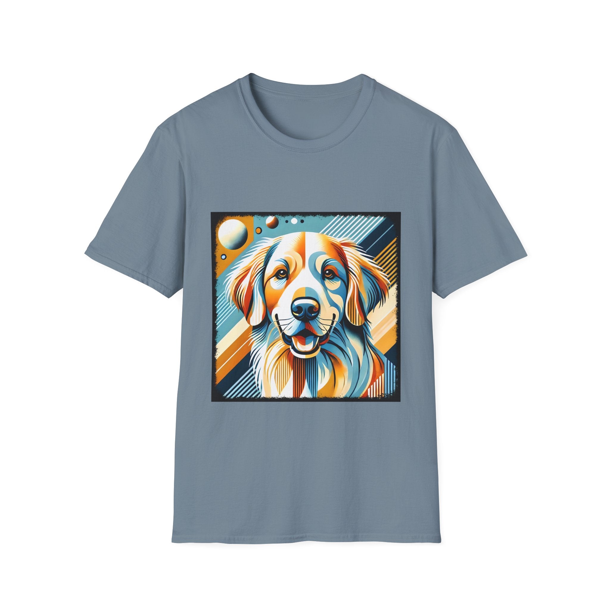 Heather indigo dog t-shirt featuring smiling golden retriever in abstract pop style with blue, orange, and cream tones.