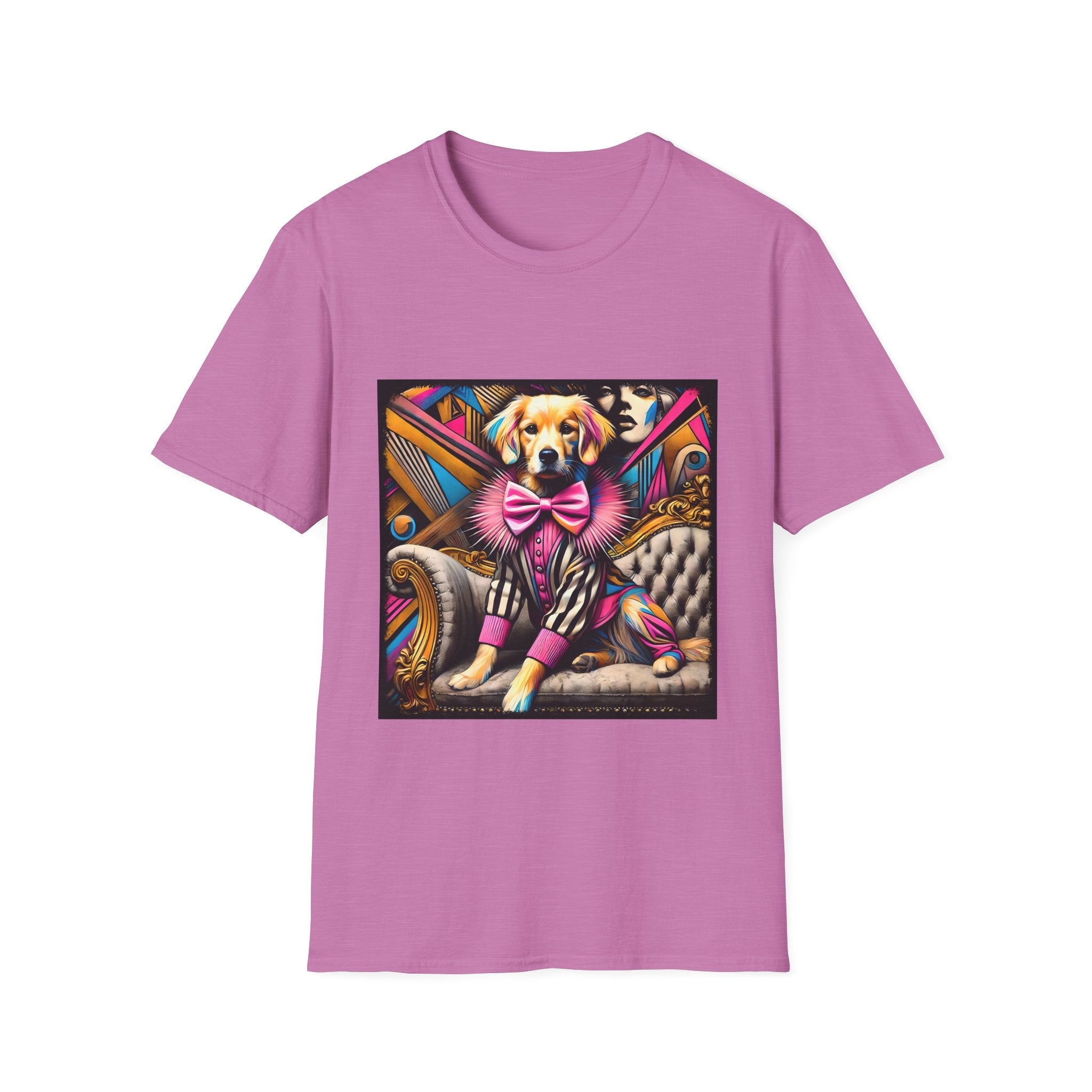 Pink orchid dog t-shirt with golden retriever in striped outfit and pink bow on bold pop-art settee.