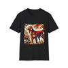 Black dog t-shirt with golden retriever in red coat, abstract swirl background in bold warm tones.