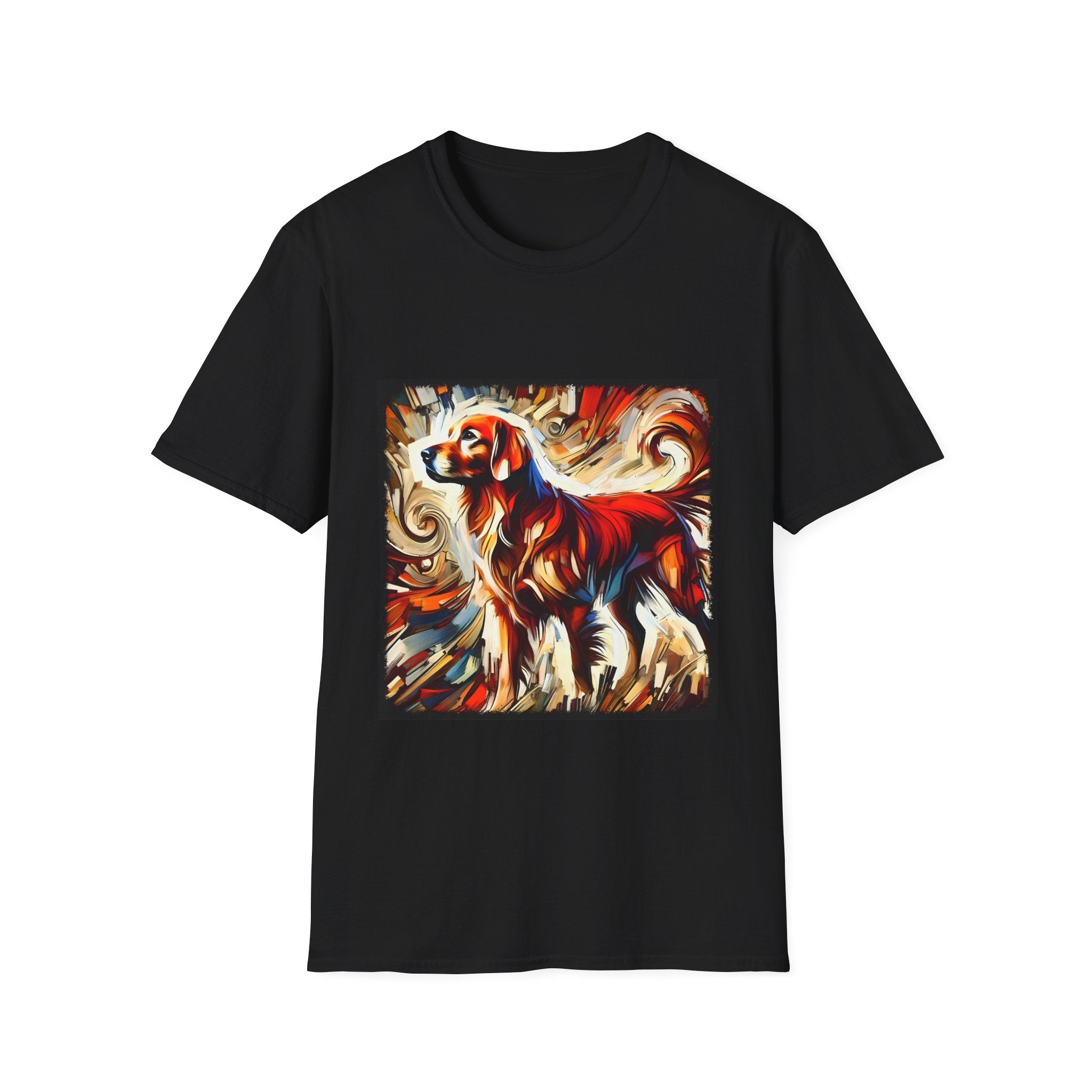 Black dog t-shirt with golden retriever in red coat, abstract swirl background in bold warm tones.