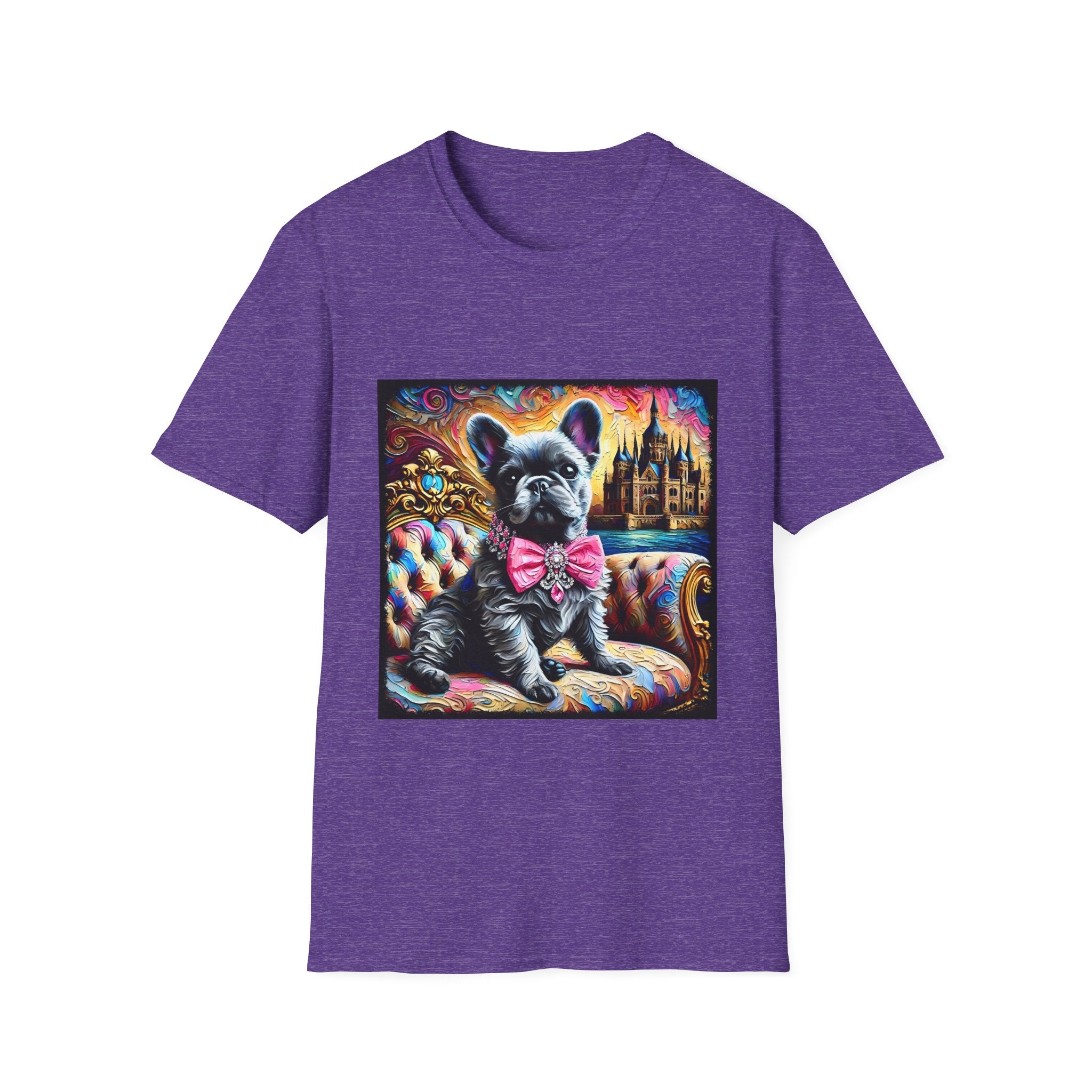 Heather Purple dog t-shirt featuring a black French Bulldog in pink bow on ornate settee, with vivid castle and swirl background.