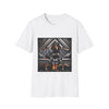 White dog t-shirt featuring coonhound in edgy black bomber jacket with fur cuffs, seated on a tufted leather settee.