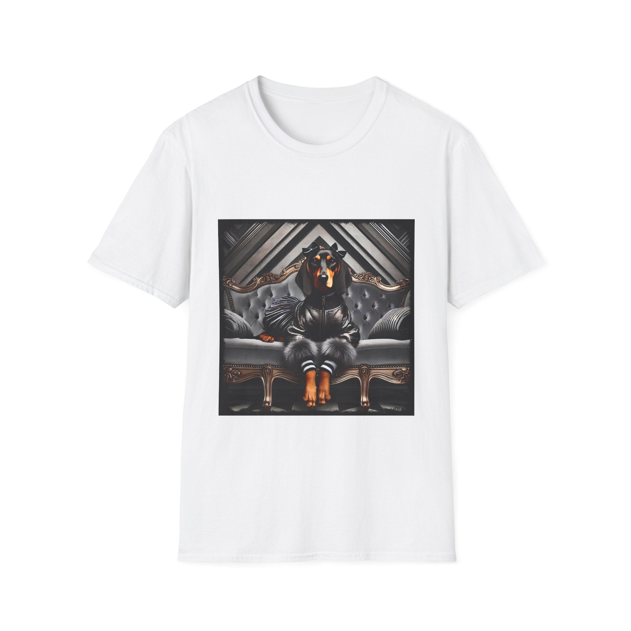 White dog t-shirt featuring coonhound in edgy black bomber jacket with fur cuffs, seated on a tufted leather settee.