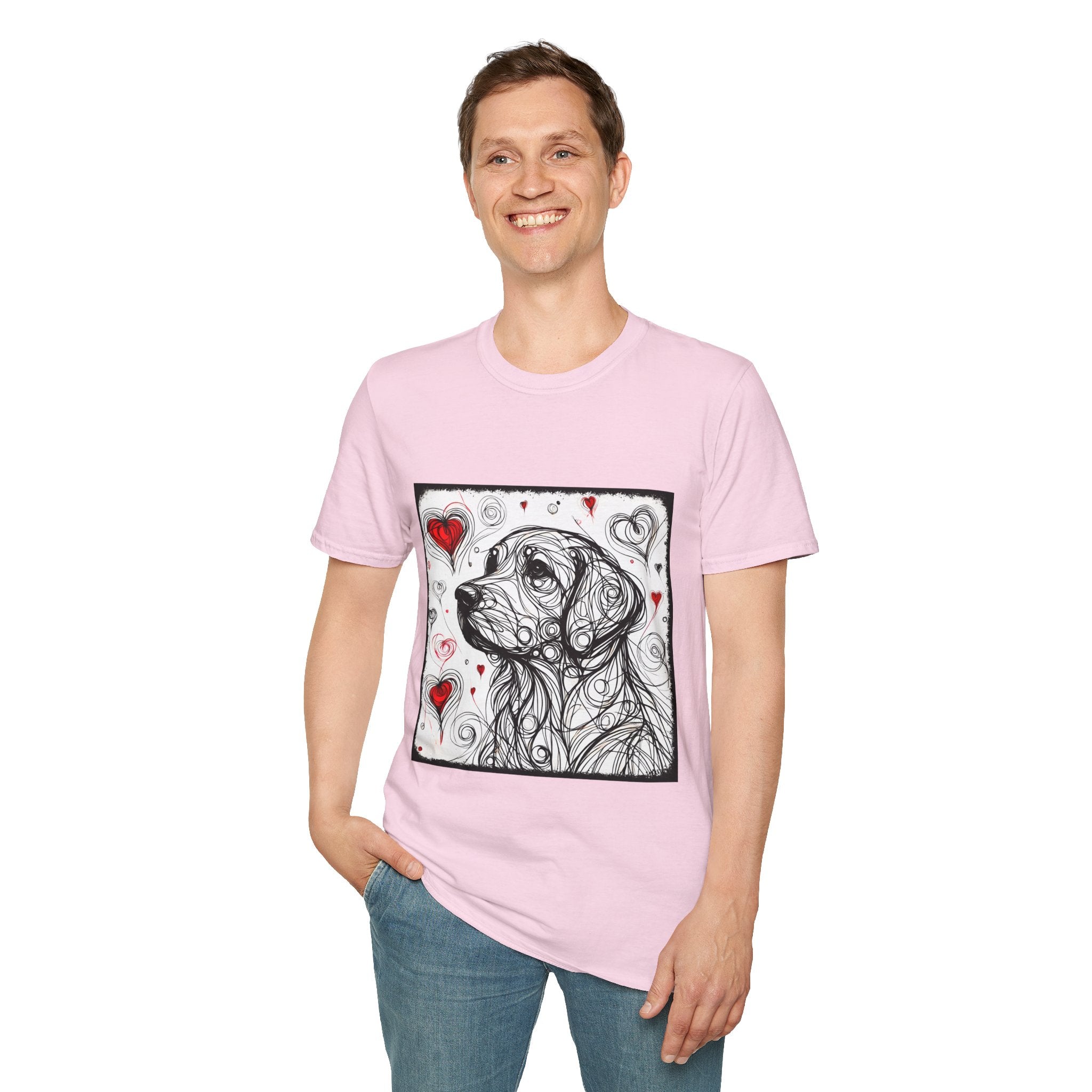 Male model in light pink dog t-shirt with golden retriever line art and red hearts on white background with swirling abstract pattern.