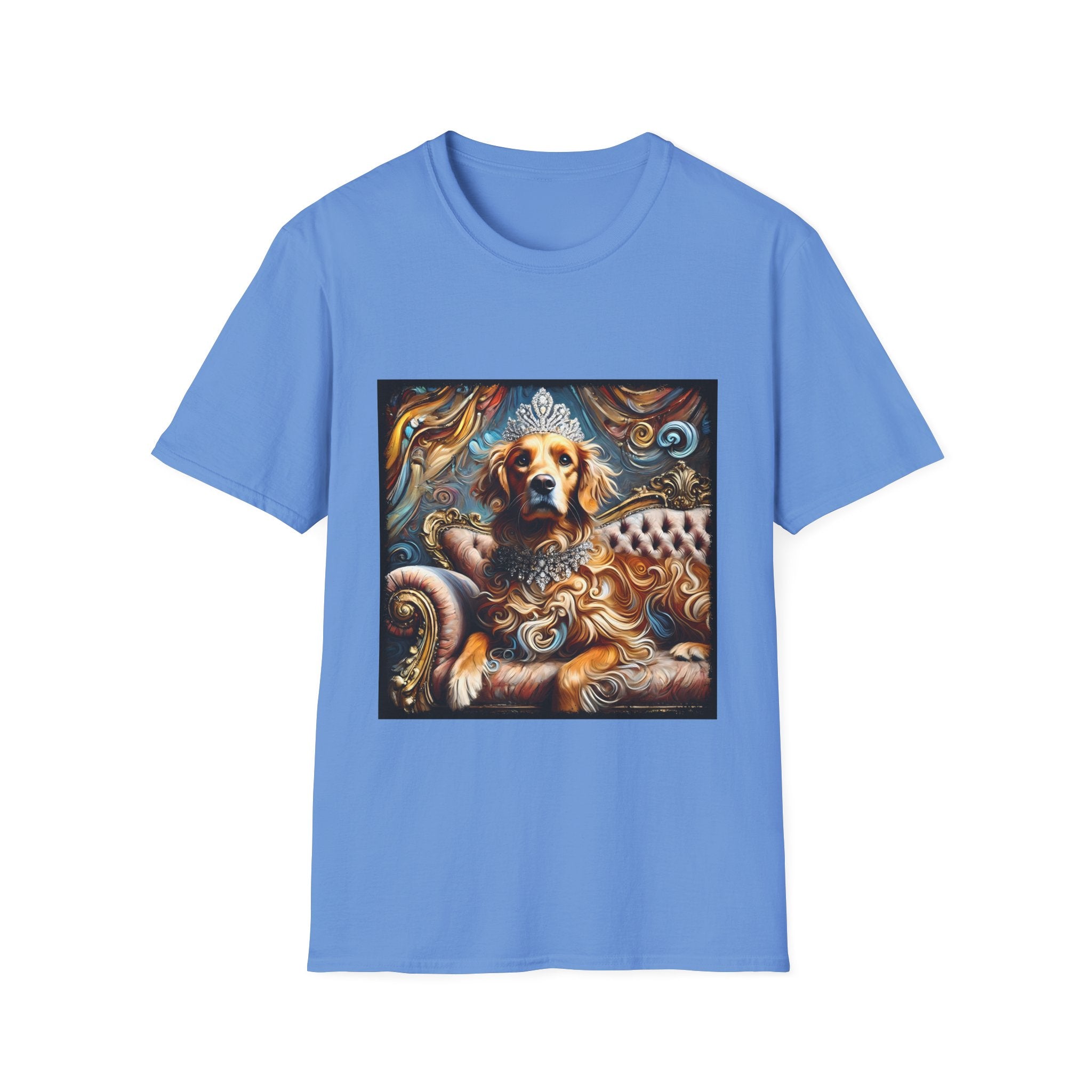 Carolina blue dog t-shirt with golden retriever in crown and jewels on tufted settee, baroque-style backdrop.