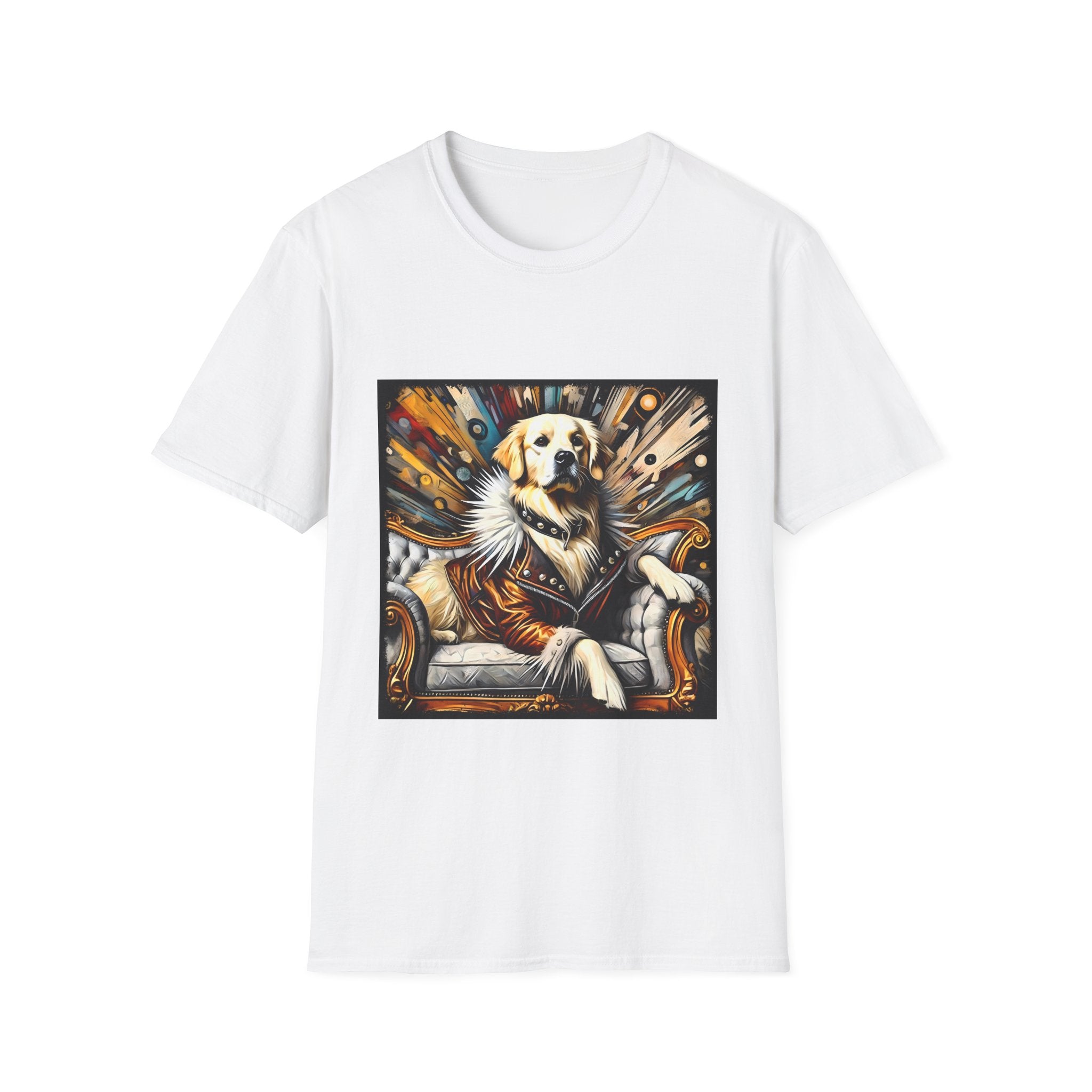 White dog t-shirt featuring golden retriever in fur coat on gold throne with colorful backdrop.