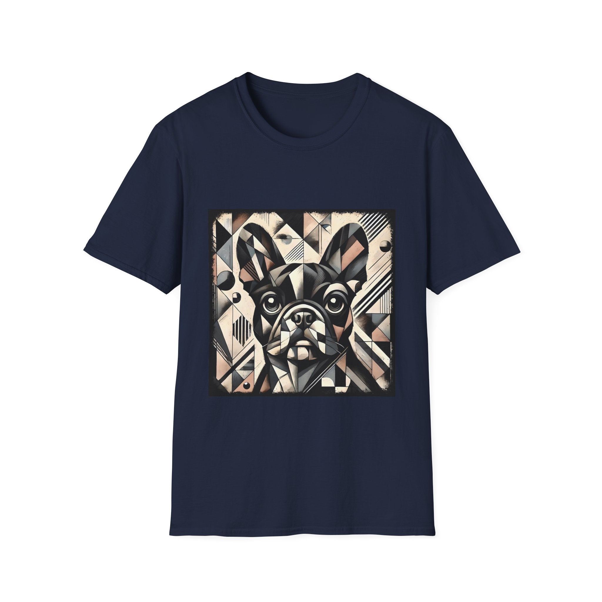 Navy blue dog t-shirt featuring geometric French Bulldog in cubist tones of black, beige, cream, and soft blush.