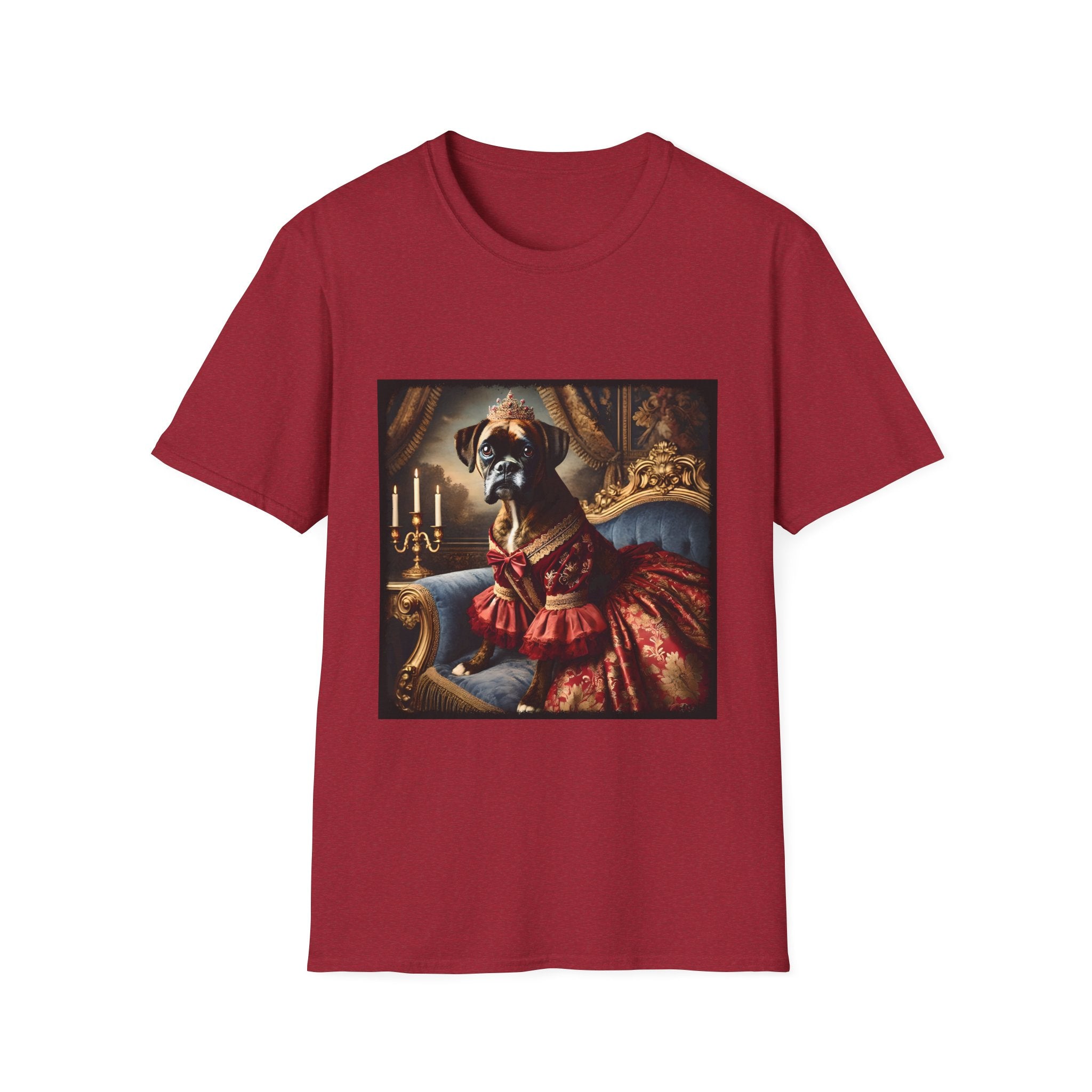 Antique cherry red dog t-shirt featuring boxer in ornate red gown and tiara seated on royal blue armchair.