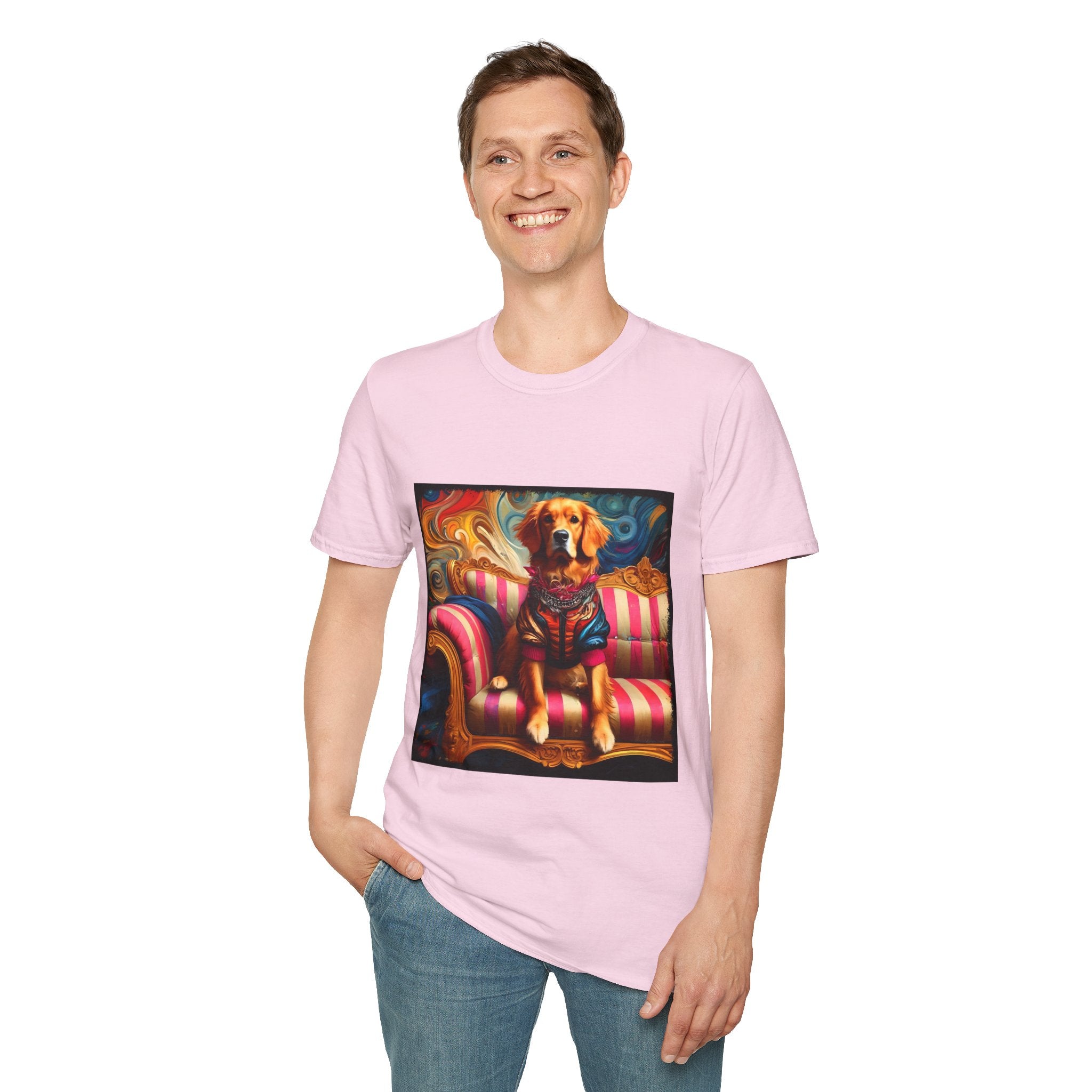 Male model in light pink dog t-shirt with golden retriever in regal jacket on pink striped settee, swirled backdrop.