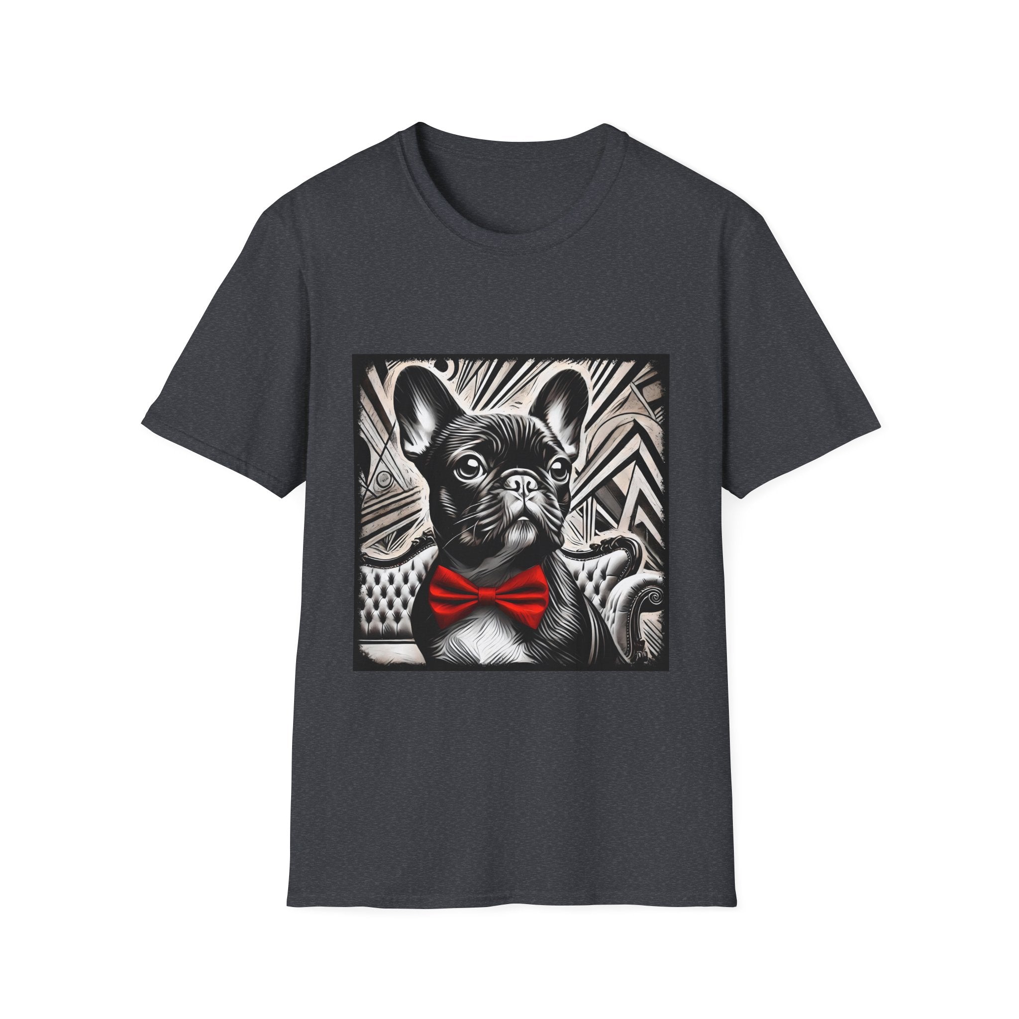 Dark heather gray dog t-shirt featuring a black and white French Bulldog with a bold red bow tie and art deco backdrop.