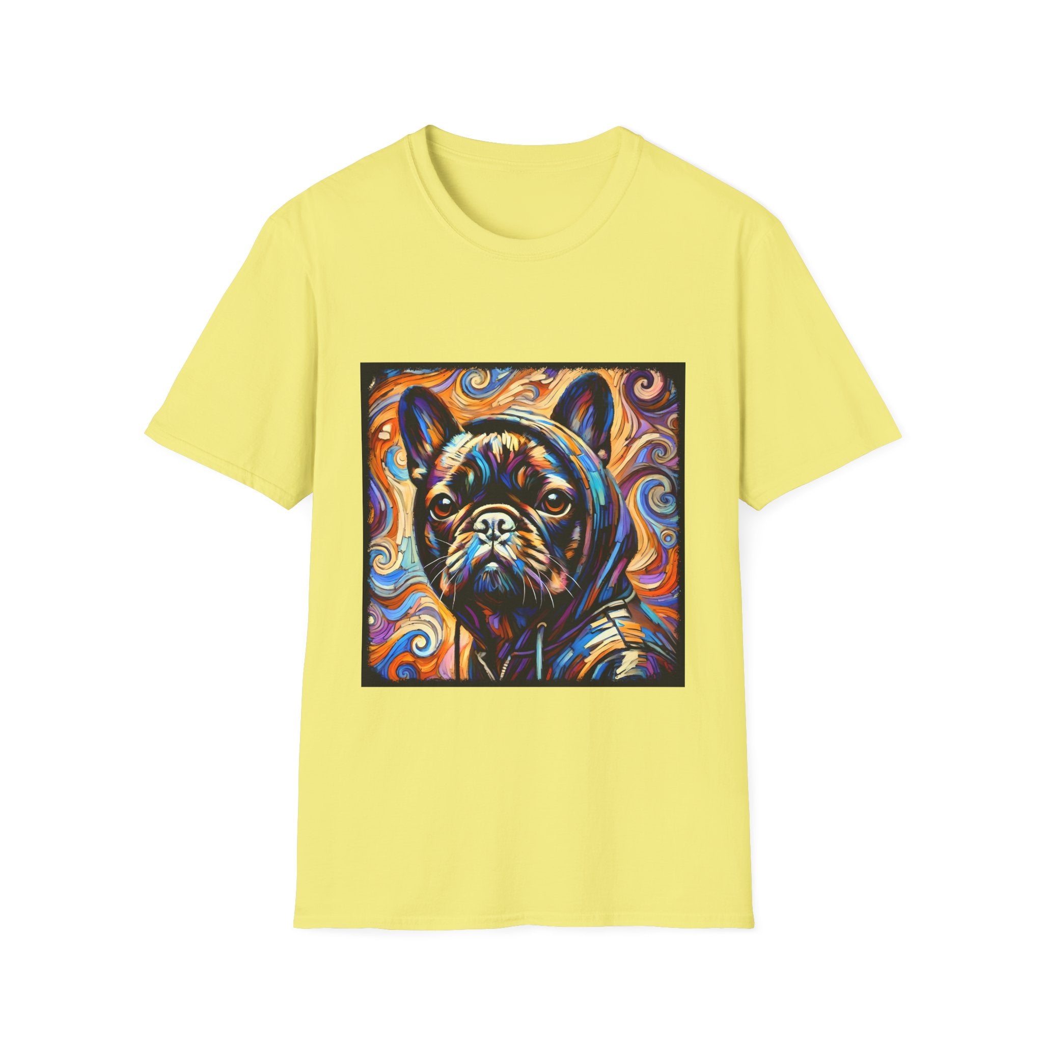 Dog t-shirt in yellow featuring colorful French Bulldog in hoodie, set against vivid swirl-patterned background.