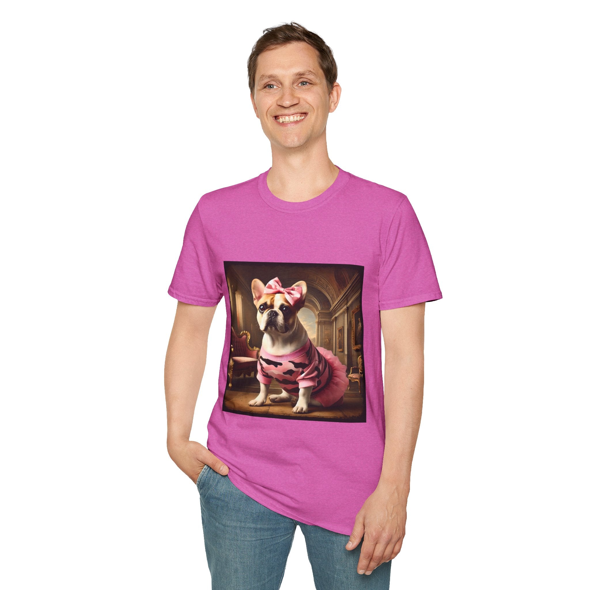 Male model in orchid dog t-shirt featuring fawn and white French Bulldog in pink camouflage dress and bow in ornate hallway scene.