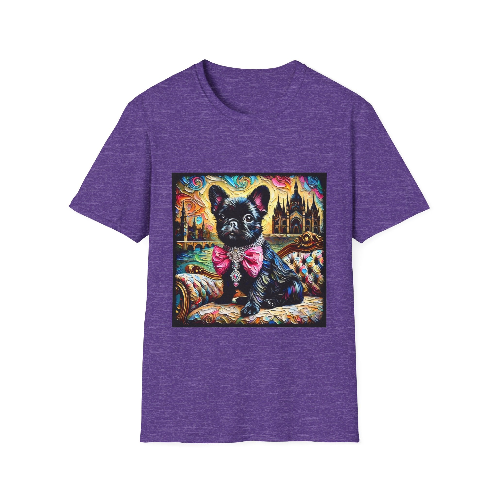 Heather purple dog t-shirt featuring black French Bulldog with jeweled pink bow, sitting on patterned settee, vivid castle swirl background.