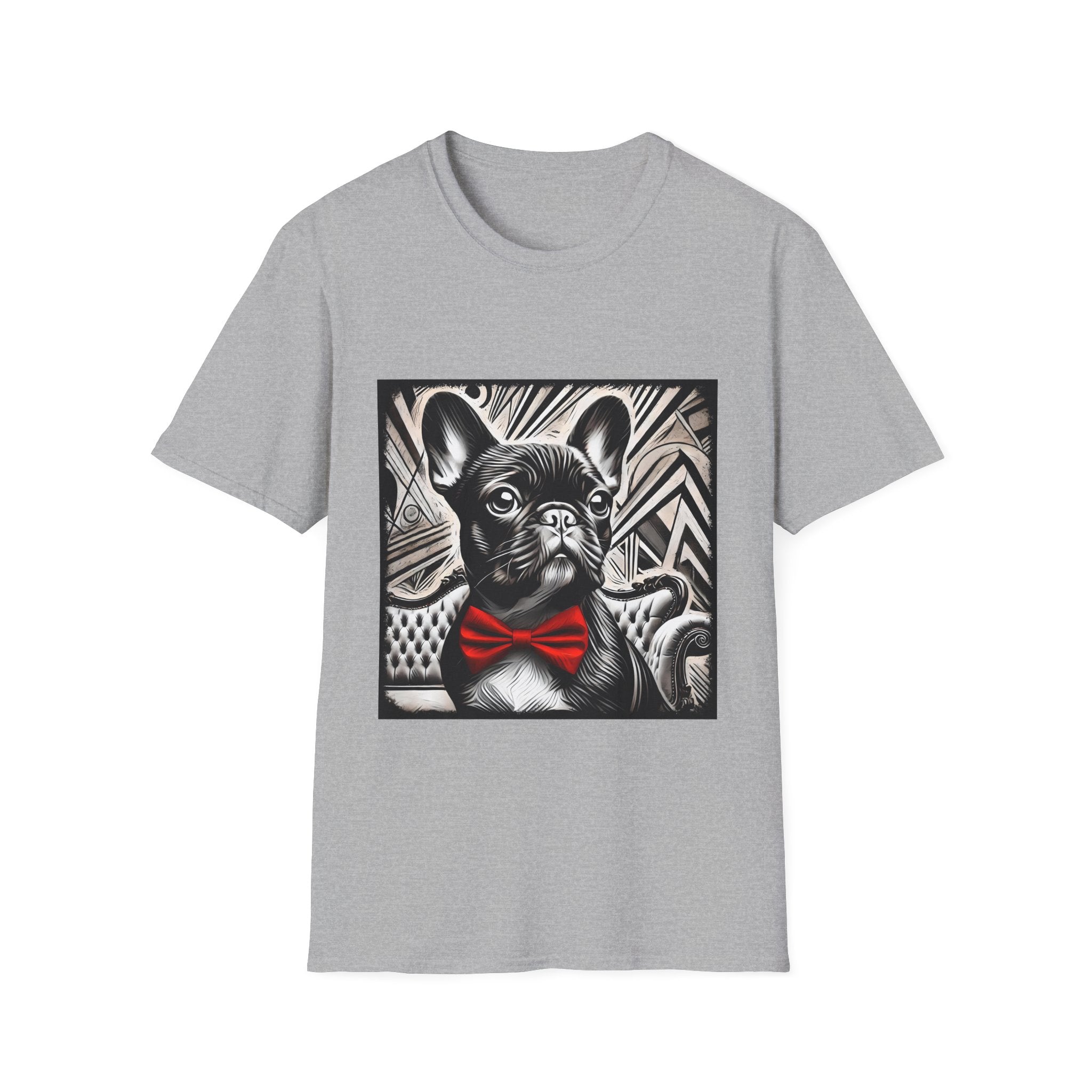 Sport gray dog t-shirt featuring a black and white French Bulldog with a bold red bow tie and art deco backdrop.