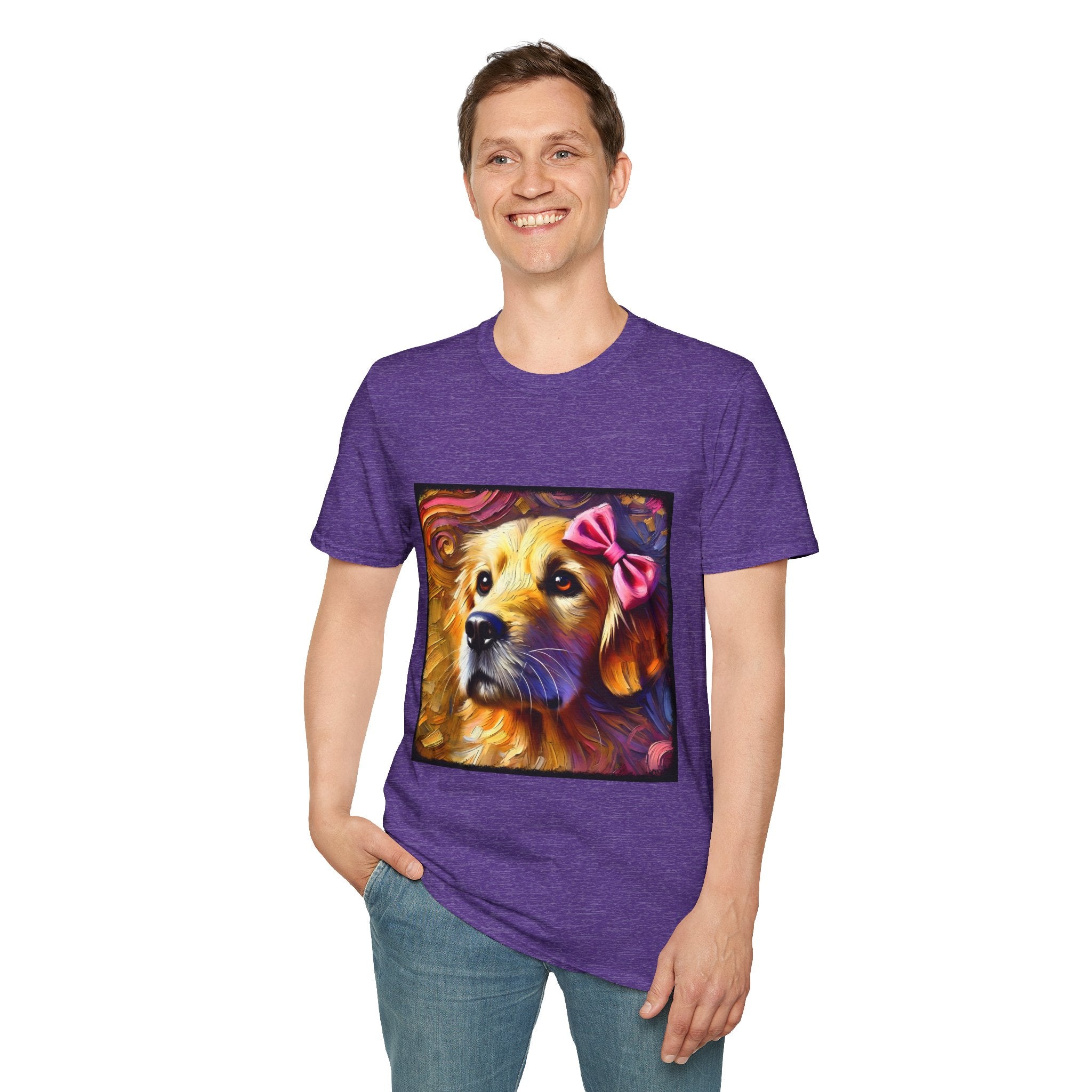 Male model in heather purple dog t-shirt featuring golden retriever with pink bow on head, set against vivid painterly swirls.