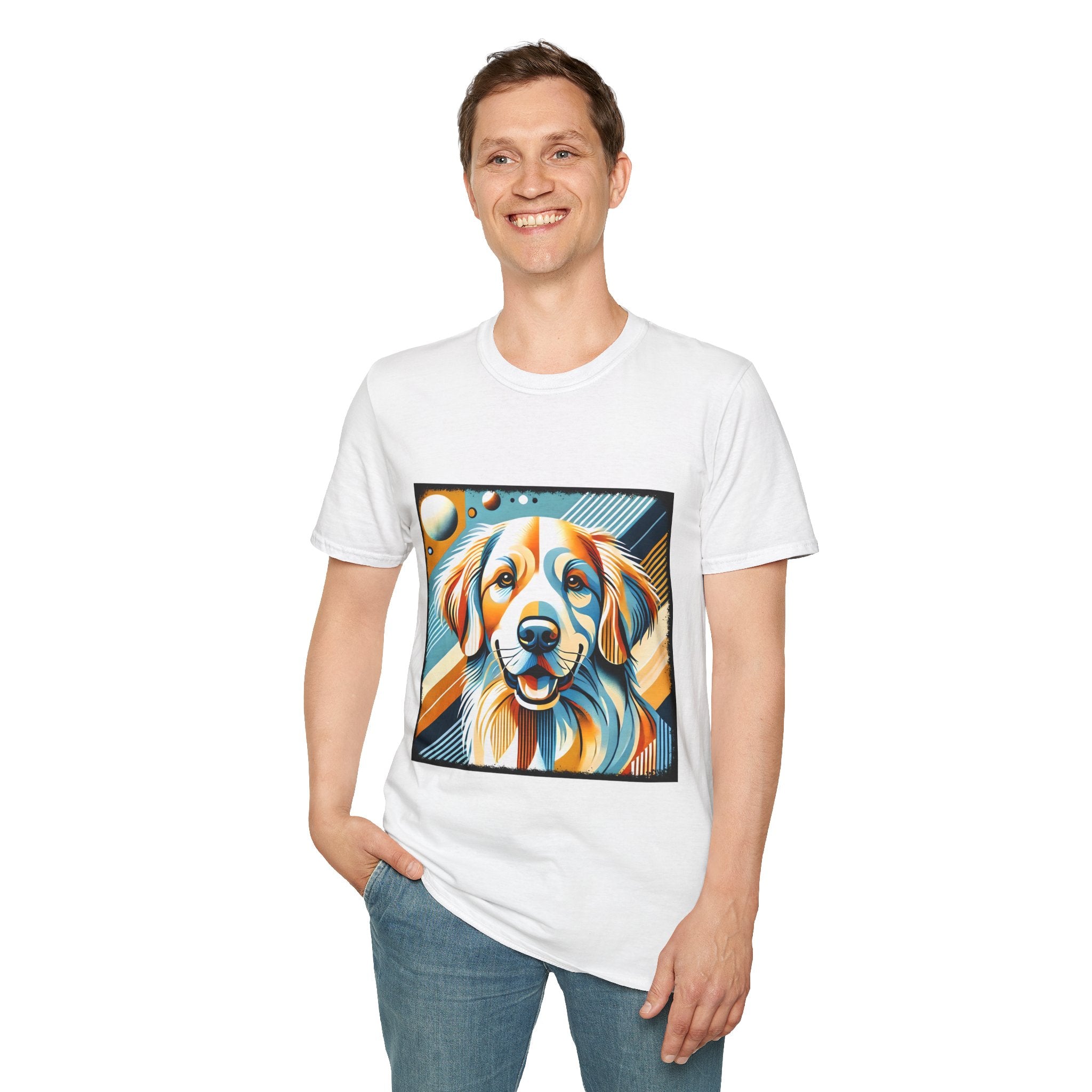Male standing in white dog t-shirt featuring smiling golden retriever in abstract pop style with blue, orange, and cream tones.