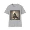 Sport gray dog t-shirt featuring Westie in camouflage jacket and pleated skirt against neutral backdrop.
