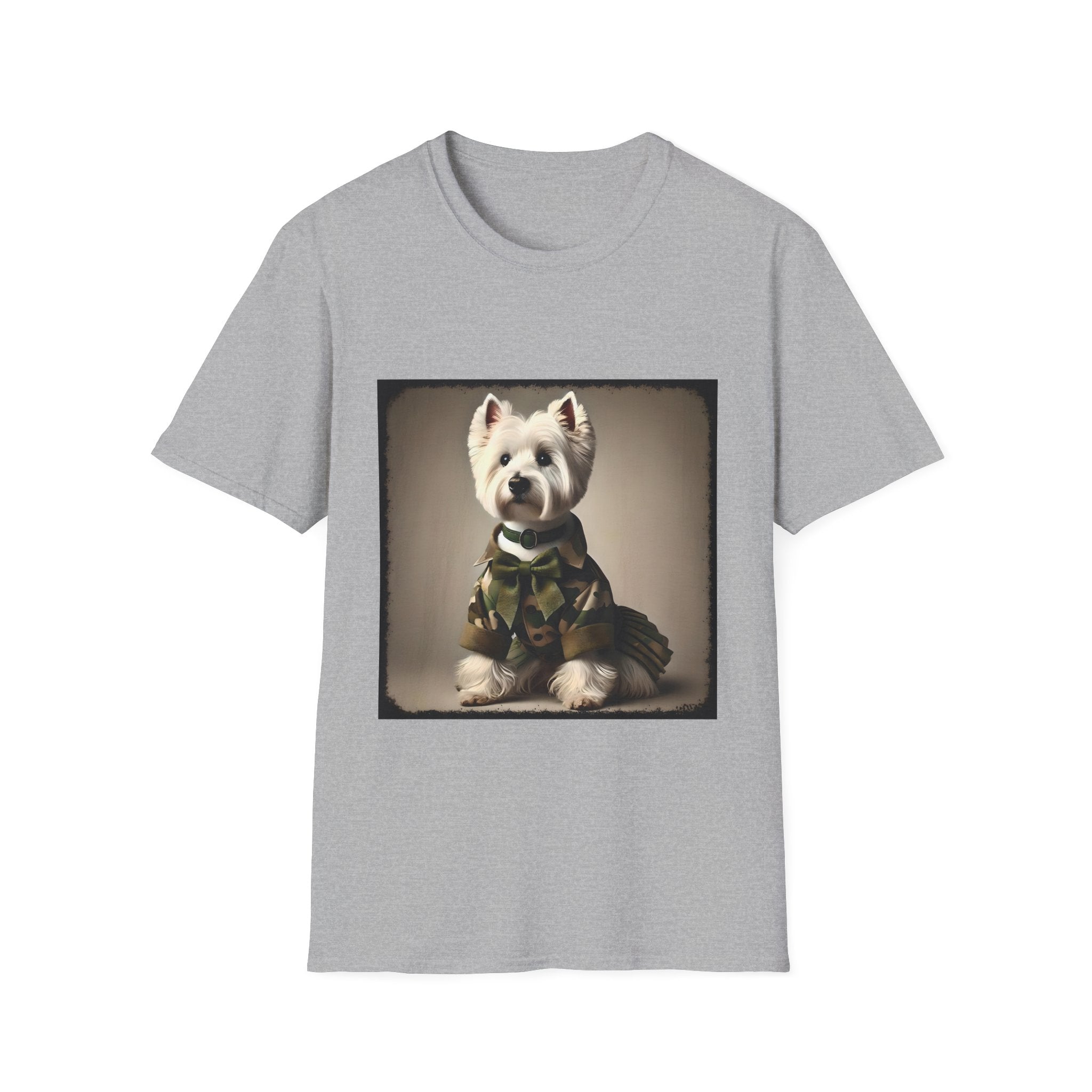 Sport gray dog t-shirt featuring Westie in camouflage jacket and pleated skirt against neutral backdrop.