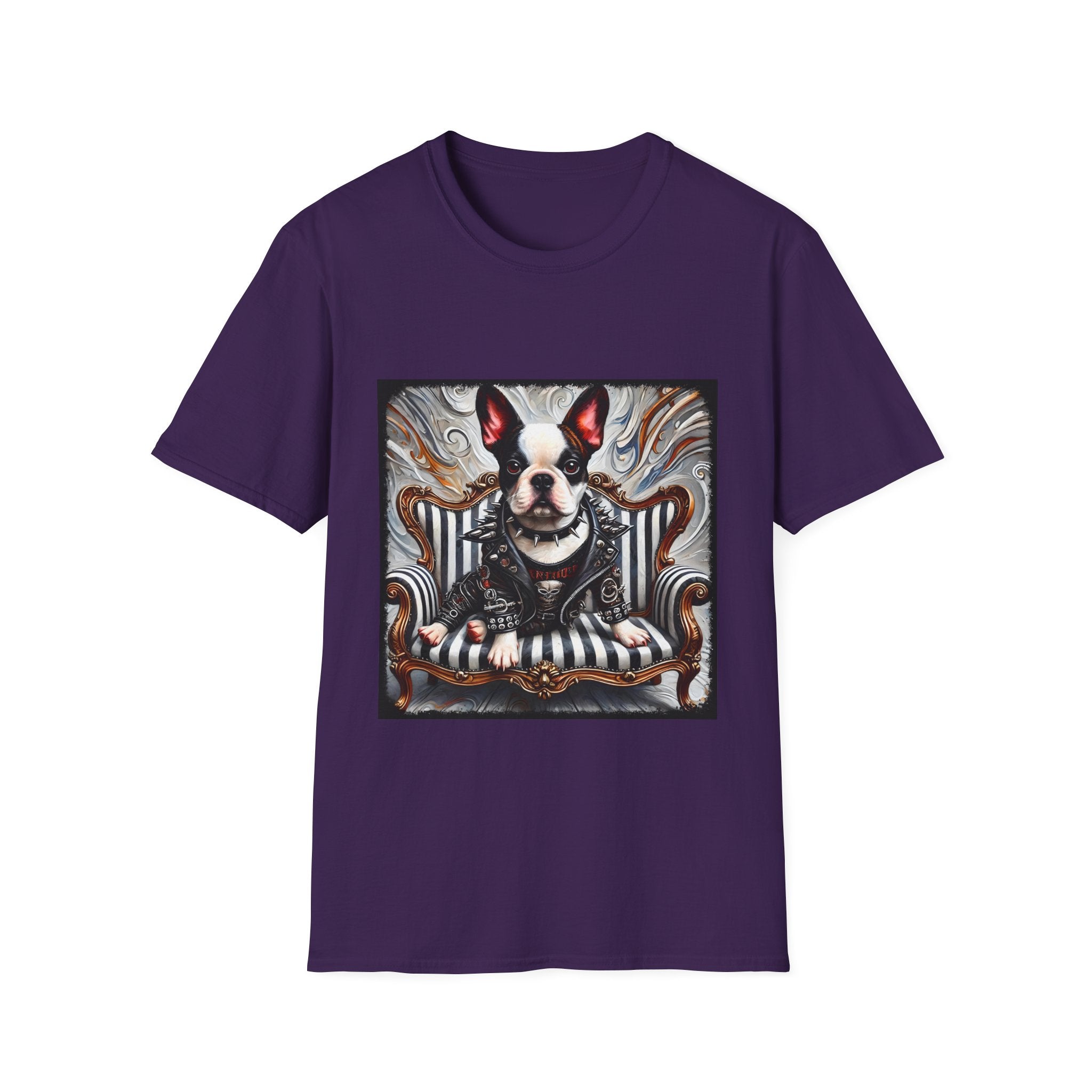 Purple dog t-shirt featuring Boston Terrier in leather studded jacket on striped chair with metallic swirl background.