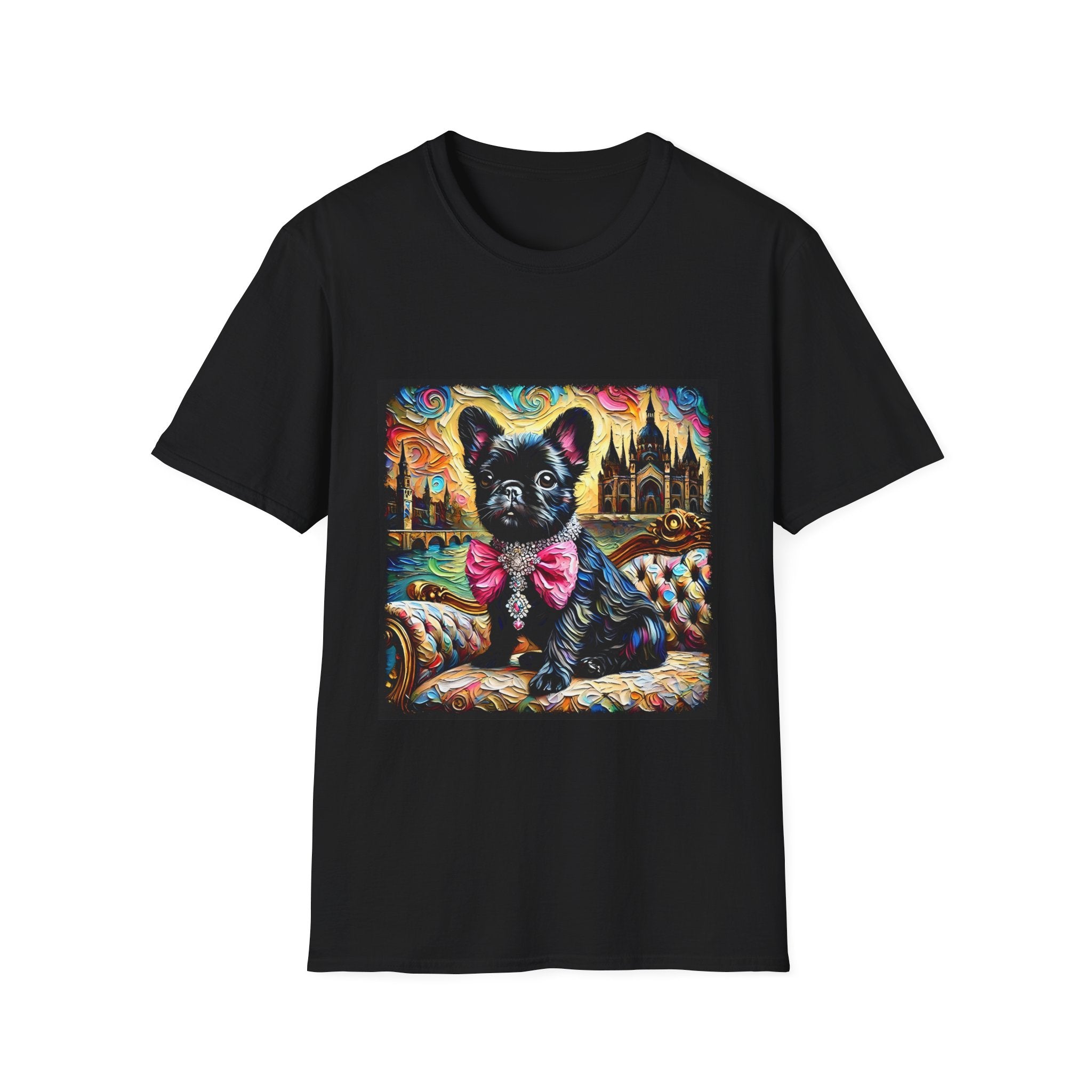 Black dog t-shirt featuring black French Bulldog with jeweled pink bow, sitting on patterned settee, vivid castle swirl background.
