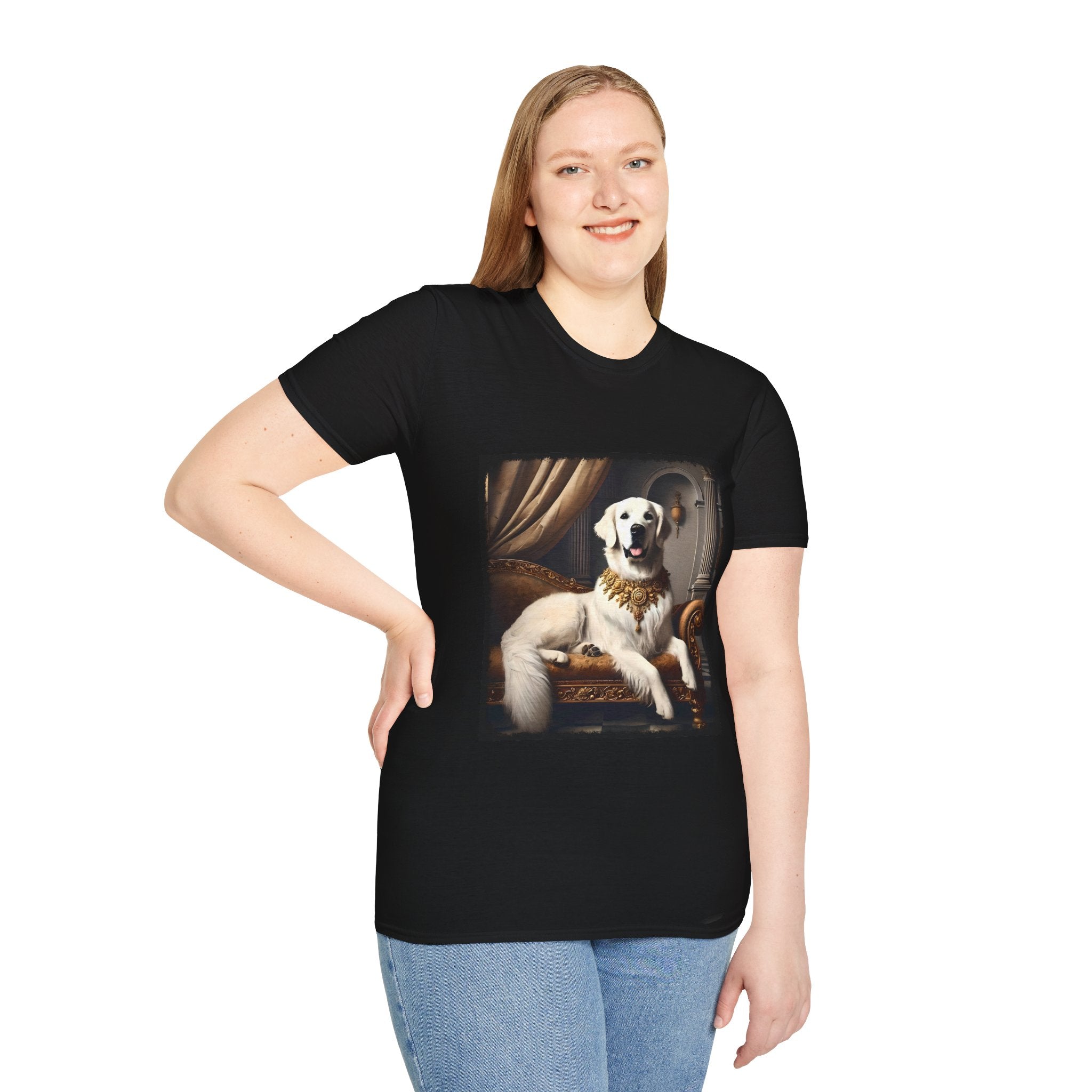 Female model wears black dog t-shirt featuring a regal white golden retriever lounging on a gold settee with ornate curtains.