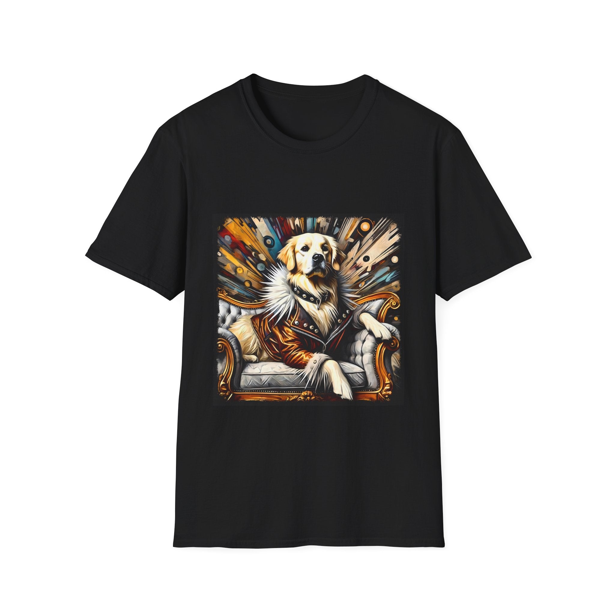 Black dog t-shirt featuring golden retriever in fur coat on gold throne with colorful backdrop.